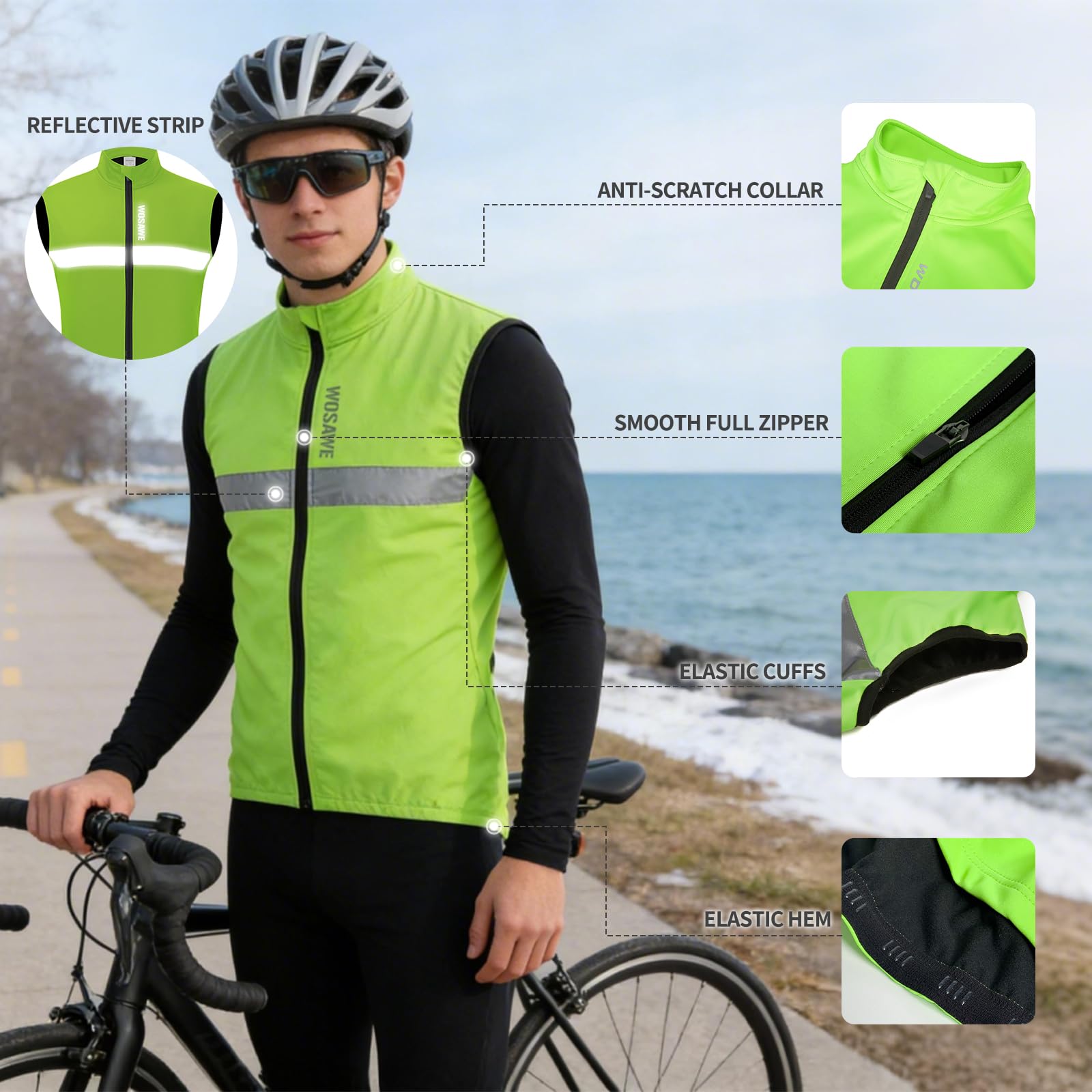 WOSAWE Chaleco de forro polar para hombre, sin mangas, para ciclismo, reflectante, cortavientos