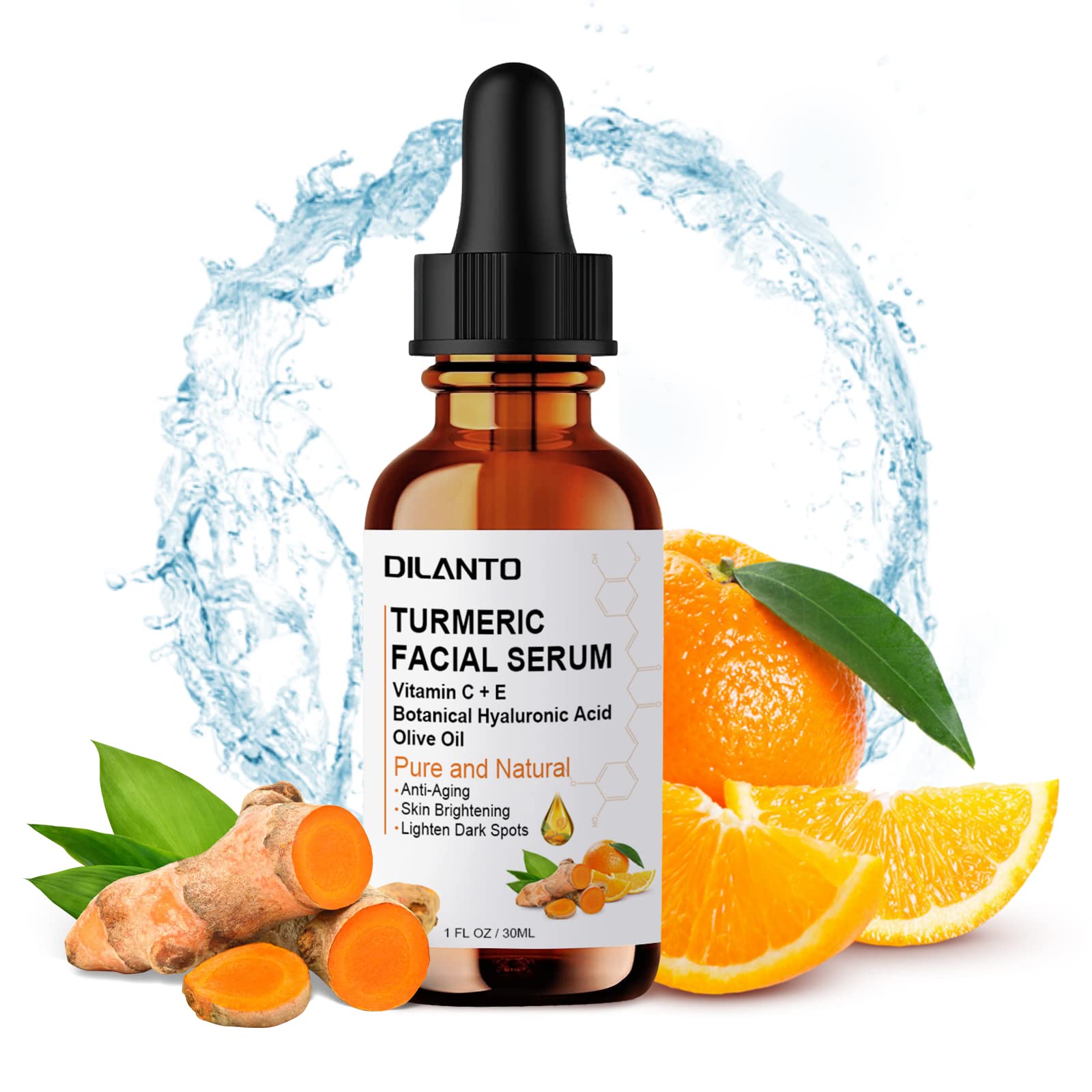 Natural Turmeric Serum, DILANTO Turmeric Serum Anti-Aging Face Serum with Vitamin C and Botanical Hyaluronic Acid, Hydrating for All Skin Types (1 FL OZ)