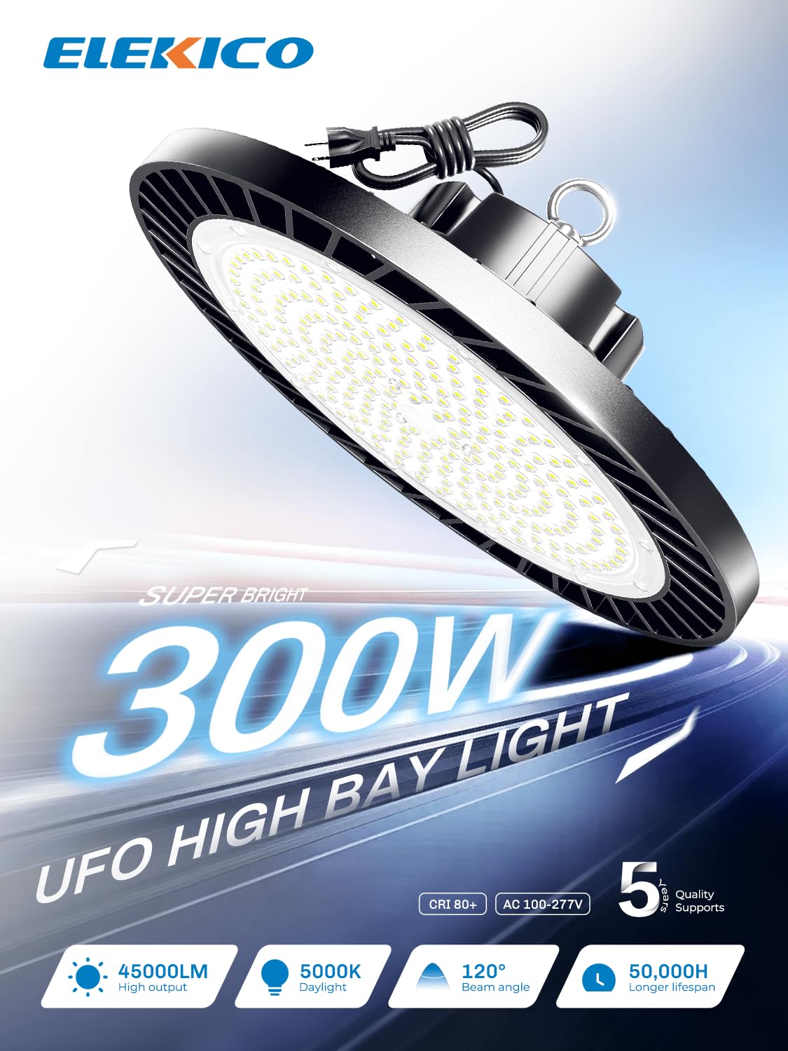 300W UFO Led High Bay Light 5000K 45000LM High Bay Led Shop Lights with 5ft Cable Hanging Hook — view 2