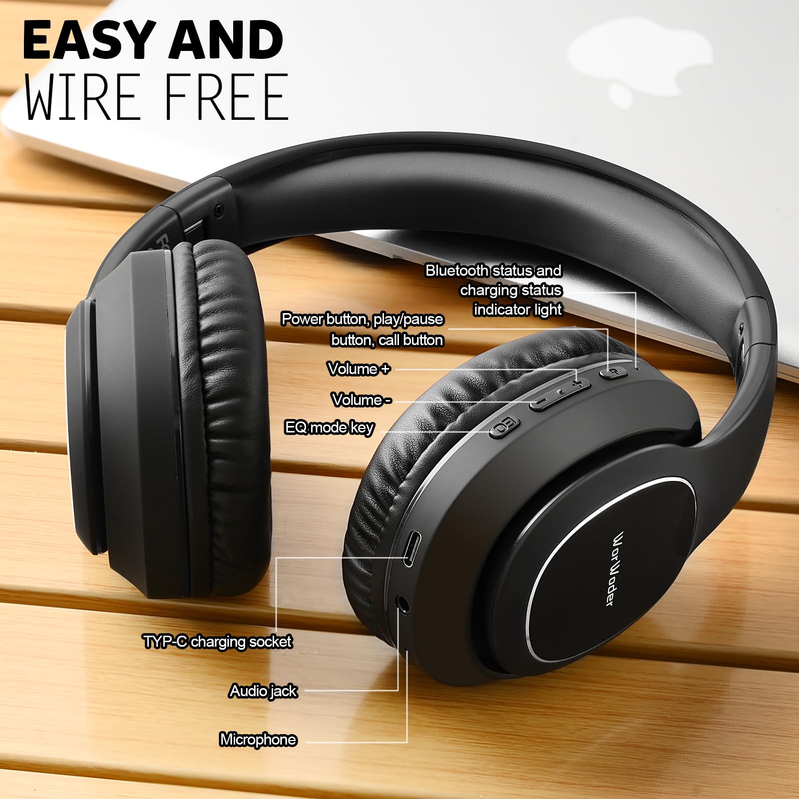 WorWoder Cuffietta senza fili da 80 ore, Bluetooth 5.0 wireless e cablata, audio stereo HiFi con microfono, cuffie leggere con bassi profondi per lavoro, viaggi di classe online (nero)