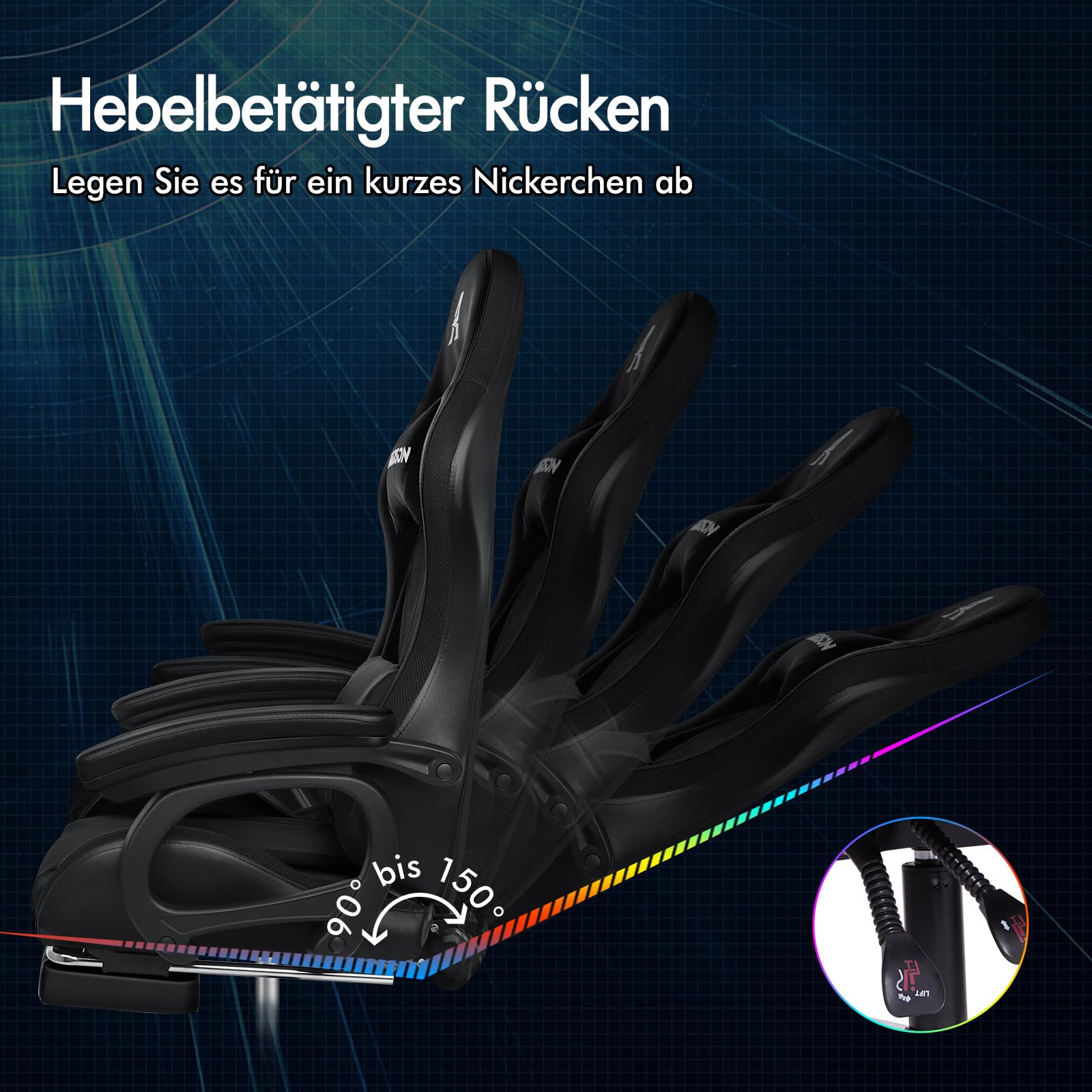 ALFORDSON Gaming Stuhl Gamer Stühle RGB LED Racing Gamer-Stuhl PC-Gaming-Sessel Massage Bürostuhl ergonomisch Fußstützen, Schreibtischstuhl, Neigungswinkel 90-150°,180 kg belastbar, Schwarz