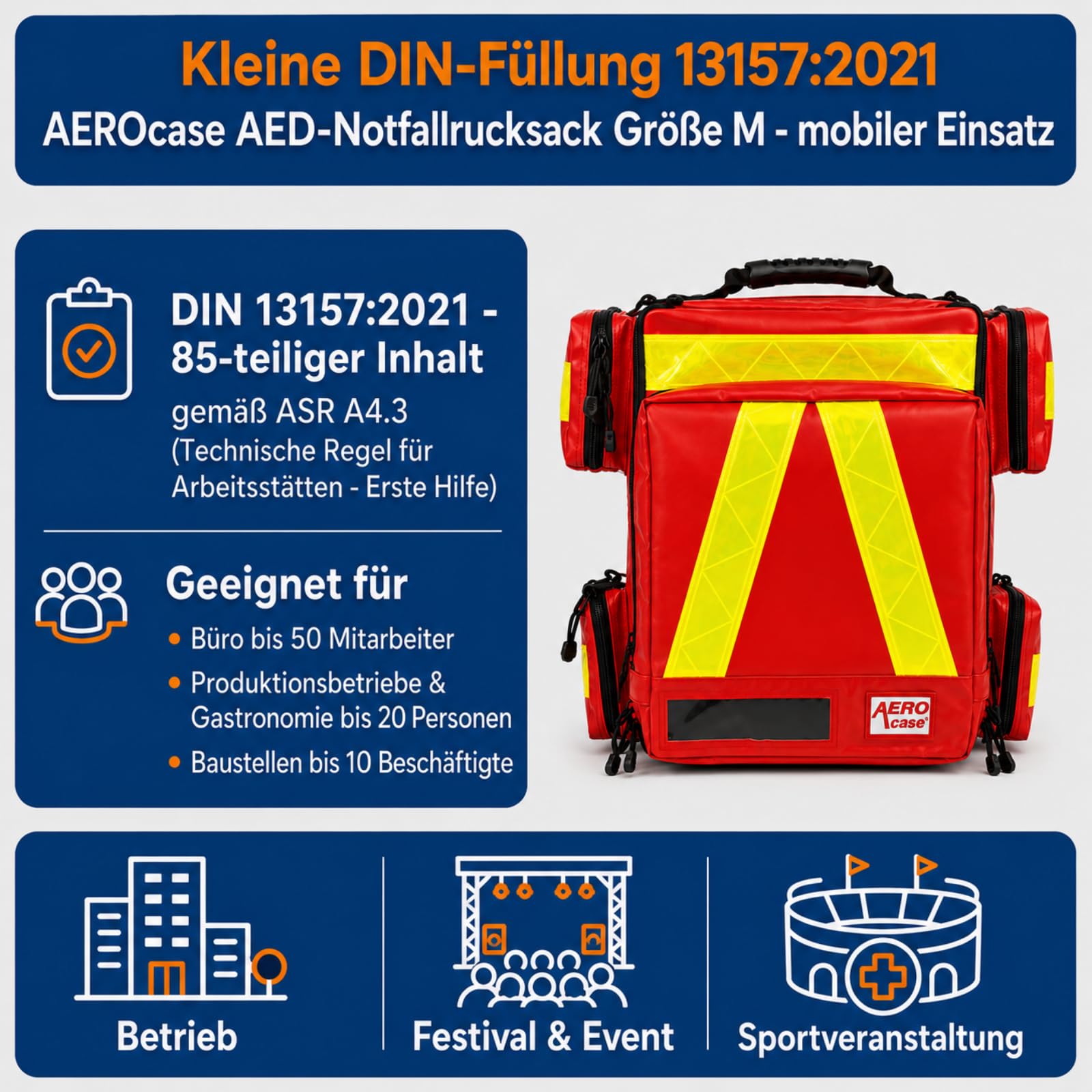 AEROcase AED-Notfallrucksack Größe M rot 44x38x21 cm | Gefüllt nach DIN 13157, Kompatibel mit gängigen AED-Geräten & 0,8 L O2-Flasche, 85-teilige Erste-Hilfe-Ausstattung