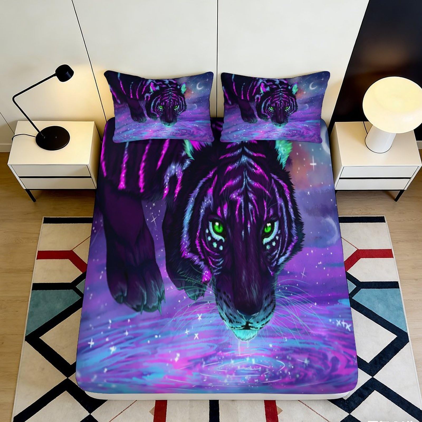 3D Printed Purple Tiger Fitted Sheet Microfiber Soft Breathable Neon Jungle Bed Cover for Bedroom Dorm Mattress Protection Decor 90x200x25cm
