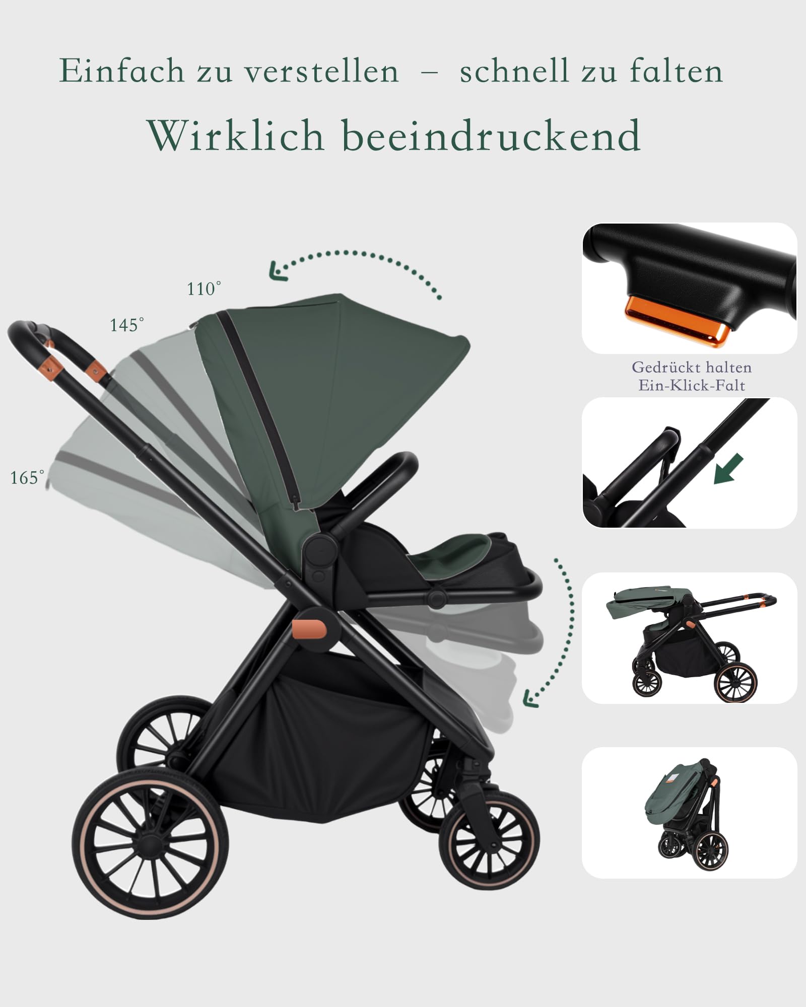 Kinderwagen Buggy 2 in 1 0-48 Monate Aluminiumlegierung Vollfederung 5-Punkt-Sicherheitsgurt Zusammenklappbar Grün