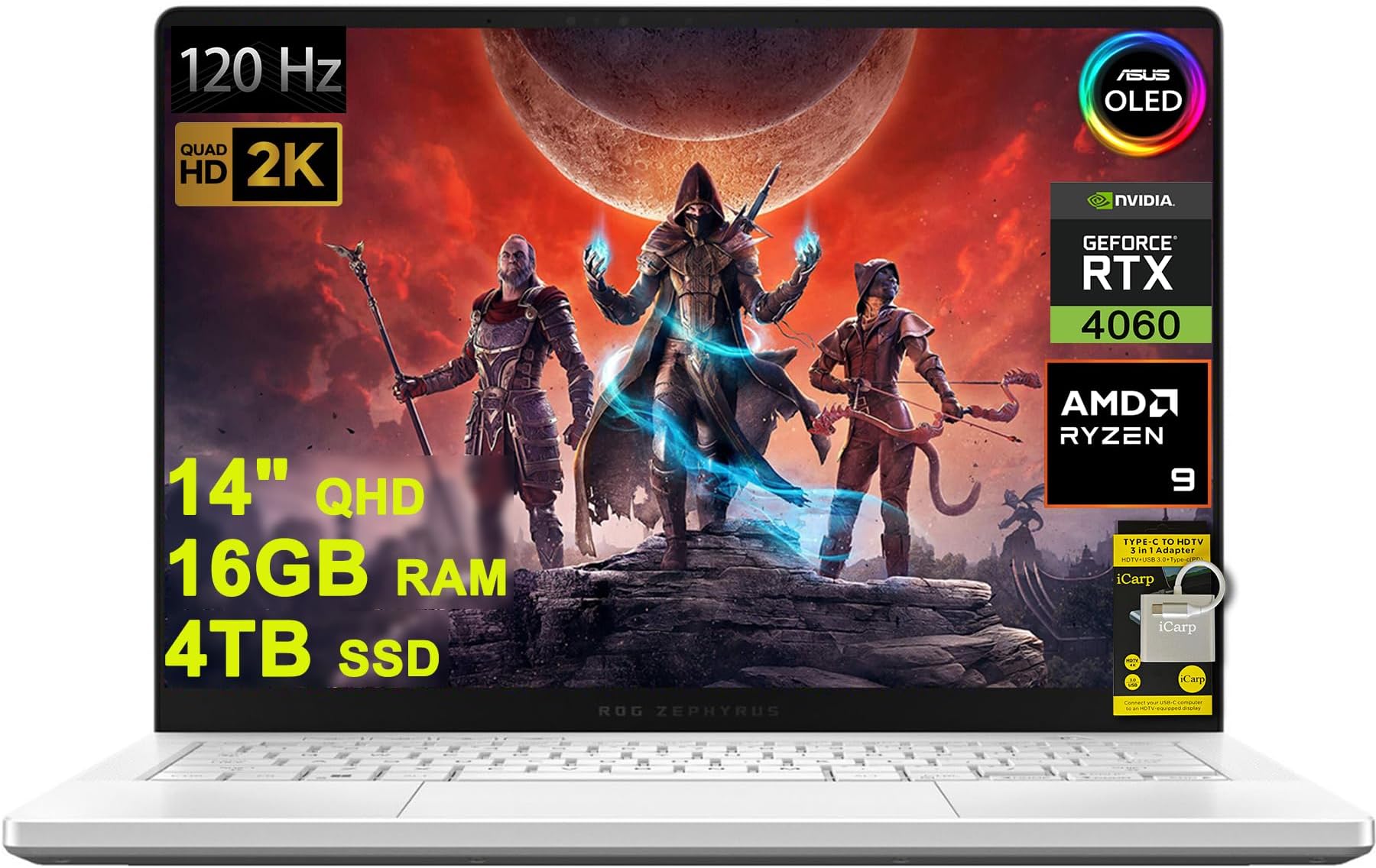 ASUSROG Zephyrus G14 Gaming Laptop 14" QHD OLED 120Hz (100% DCI-P3) AMD Octa-Core Zen 4 Ryzen 9 8945HS (>i9-12900H) 16GB RAM 4TB SSD GeForce RTX 4060 8GB Graphic Backlit USB4 Win11 w/ICP Accessory