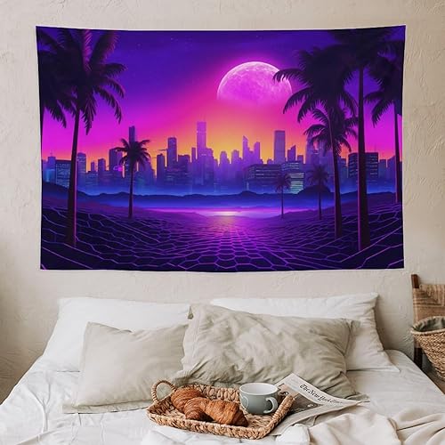 Miniatura 7 de QEOPGNE Tapiz de pared grande para colgar en la pared, palmera, paisaje urbano, neón, onda sintética, retro, banderas, decoración de habitación,