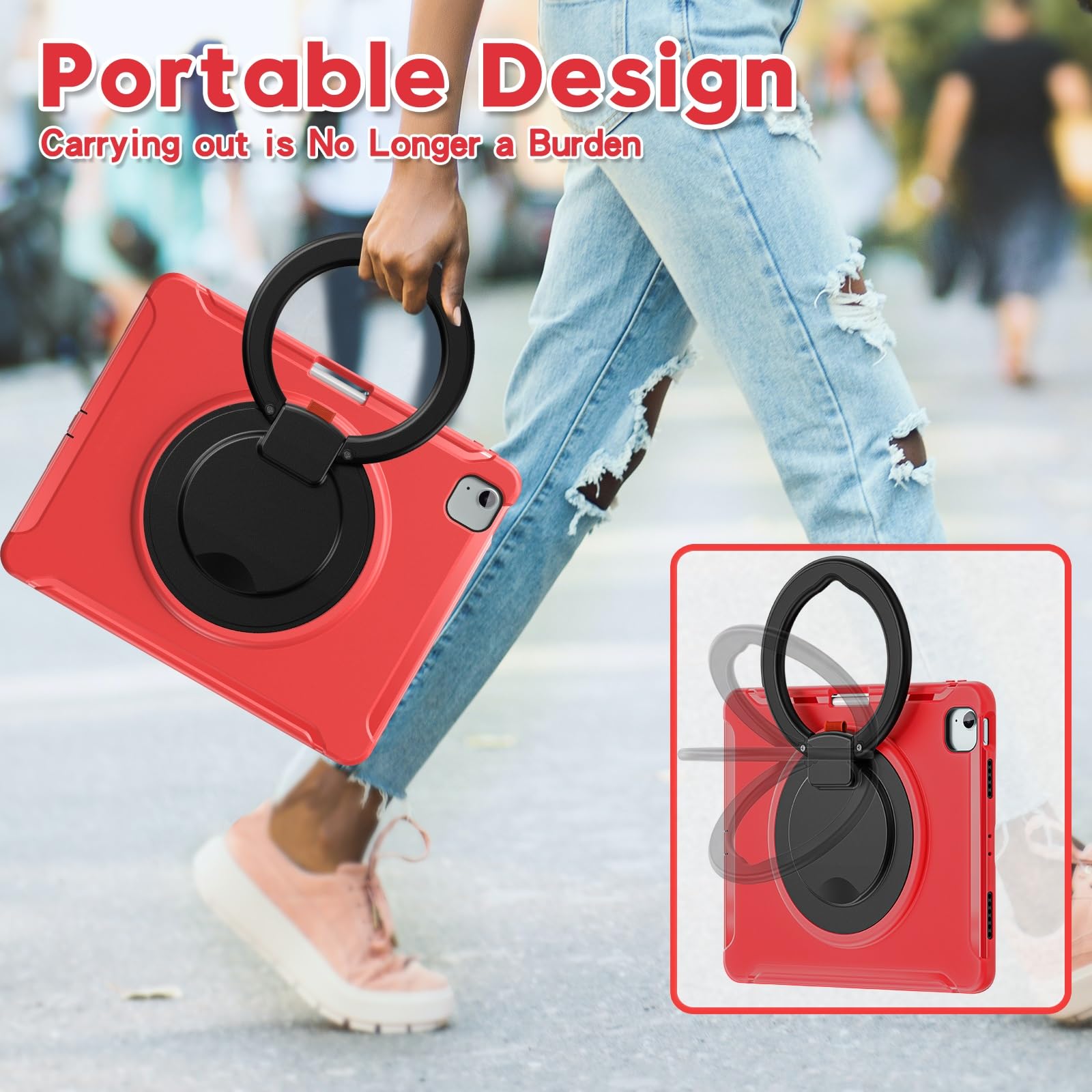 Custodia protettiva per tablet robusta per iPad Air 13 pollici, custodia protettiva robusta ibrida con impugnatura, supporto girevole (rosso)