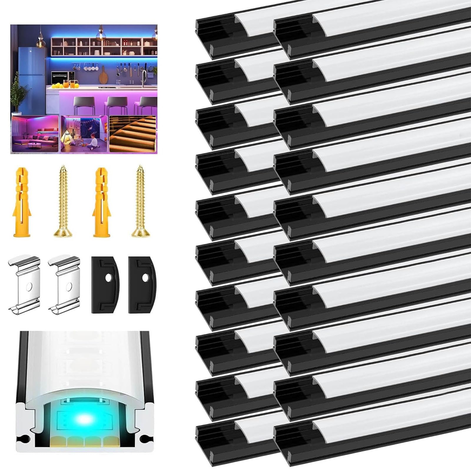 20 perfiles LED de aluminio negro, canal de 1 m, perfil negro con cubierta blanca lechosa, tapas finales, clips de montaje para difusores de luces LED (sin tiras LED)