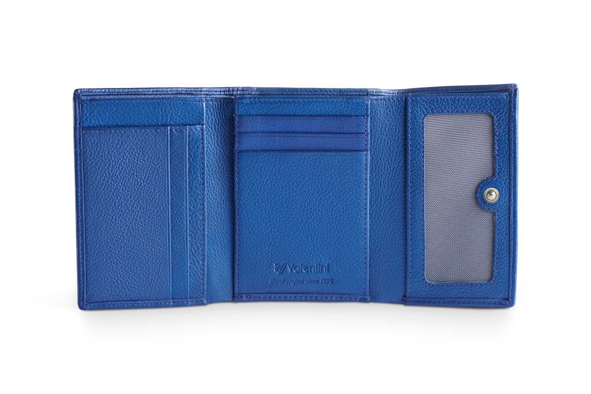 Valentini Portfel Damski - Portmonetka - Skóra Naturalna - Ochrona RFID - 8 Przegródek na Karty i Dokumenty - 12,5 x 9,5 cm Niebieski Metallic