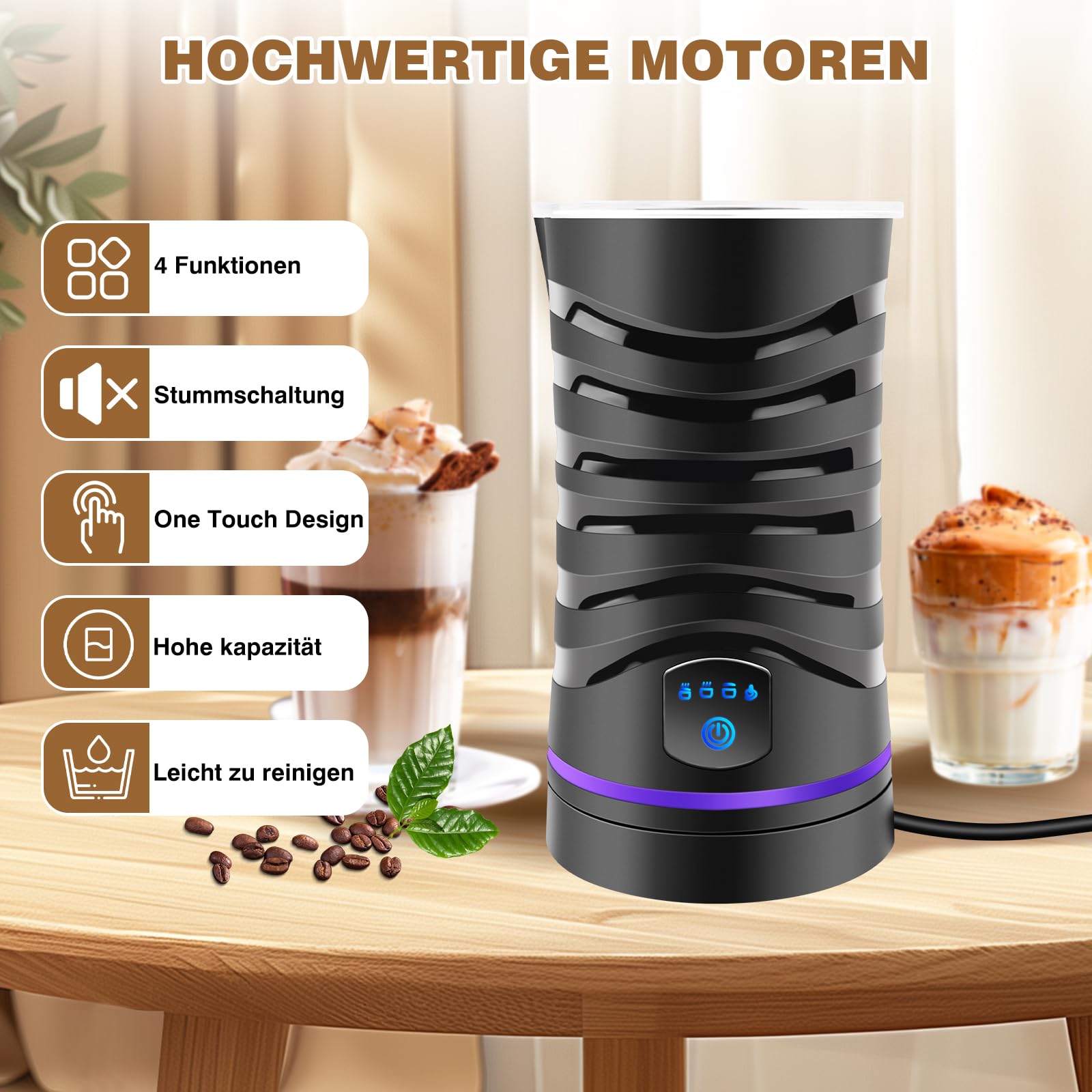 Montalatte elettrico 4 in 1, capacità 600 ml, in acciaio inox, rivestimento antiaderente, schiuma di latte calda e fredda, per latte macchiato, cappuccino e cacao (nero)