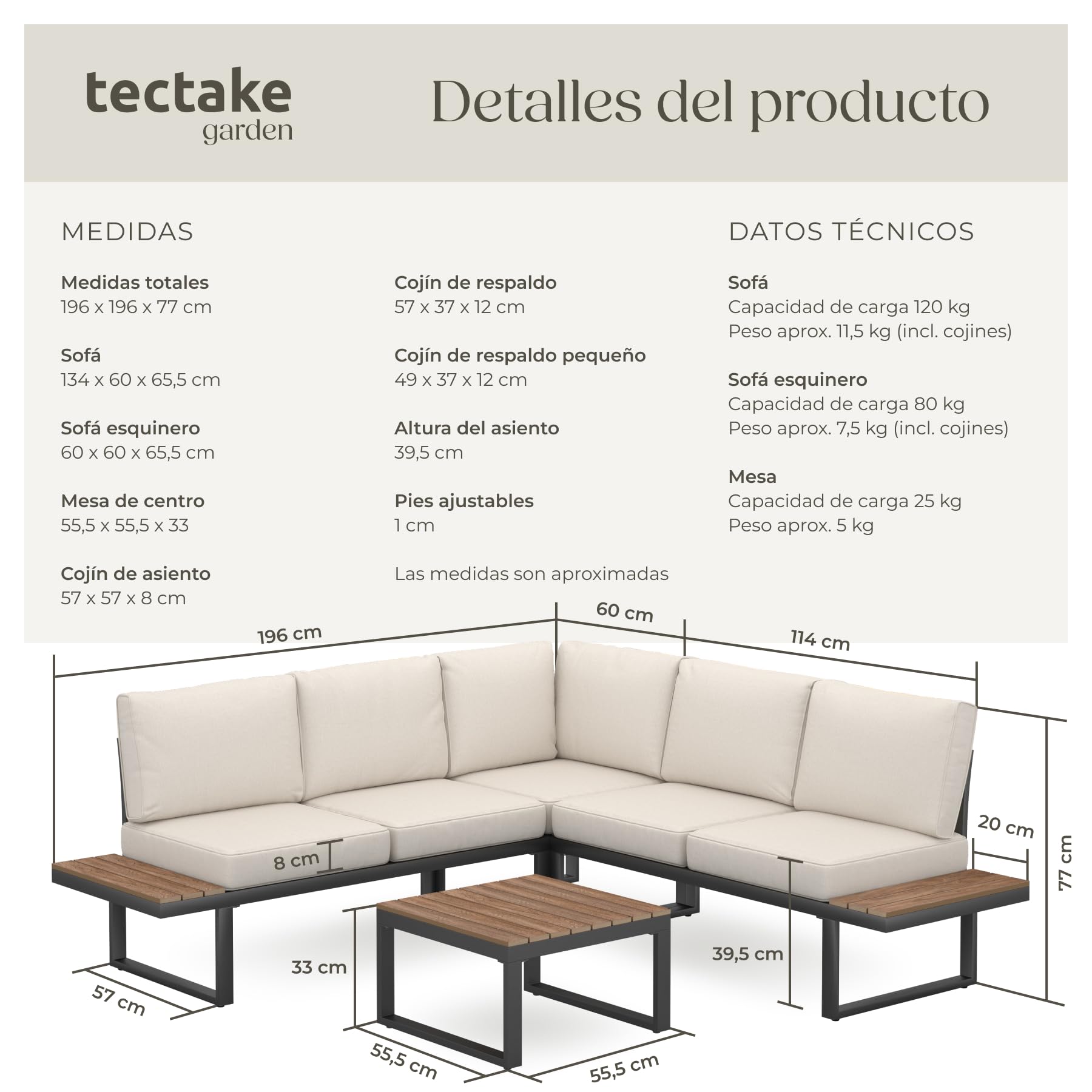 tectake® Conjunto de Muebles Jardin Exterior 4 Piezas, sofá Exterior, Aluminio Resistente a la Intemperie, Cojines extragruesos, Fundas extraíbles, Conjunto Jardin Exterior - Negro