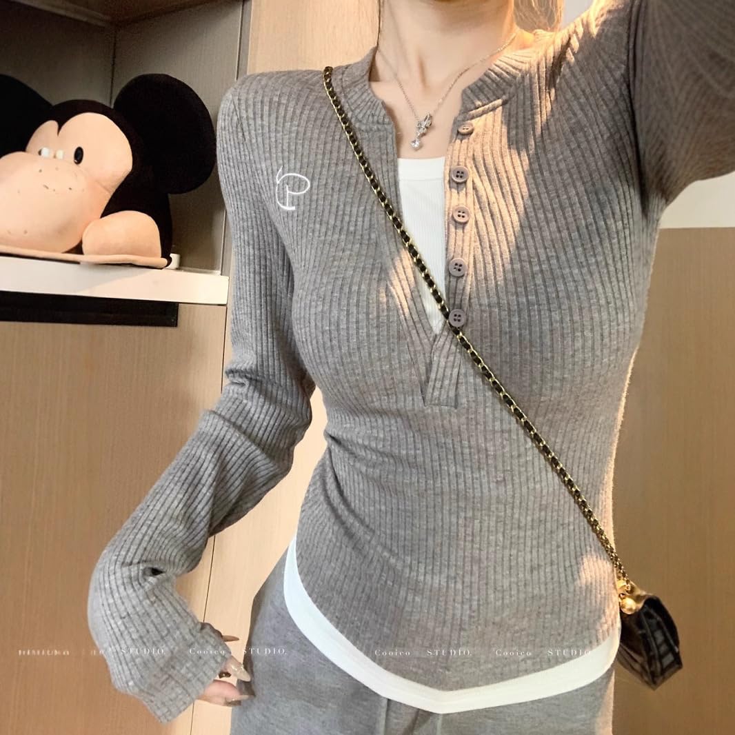 Maglietta A Maniche Lunghe Colore Contrasto retrò Finta Maglietta A Maniche Lunghe in Due Pezzi Camicia da Fondo per La Primavera Femminile-Cachi-l