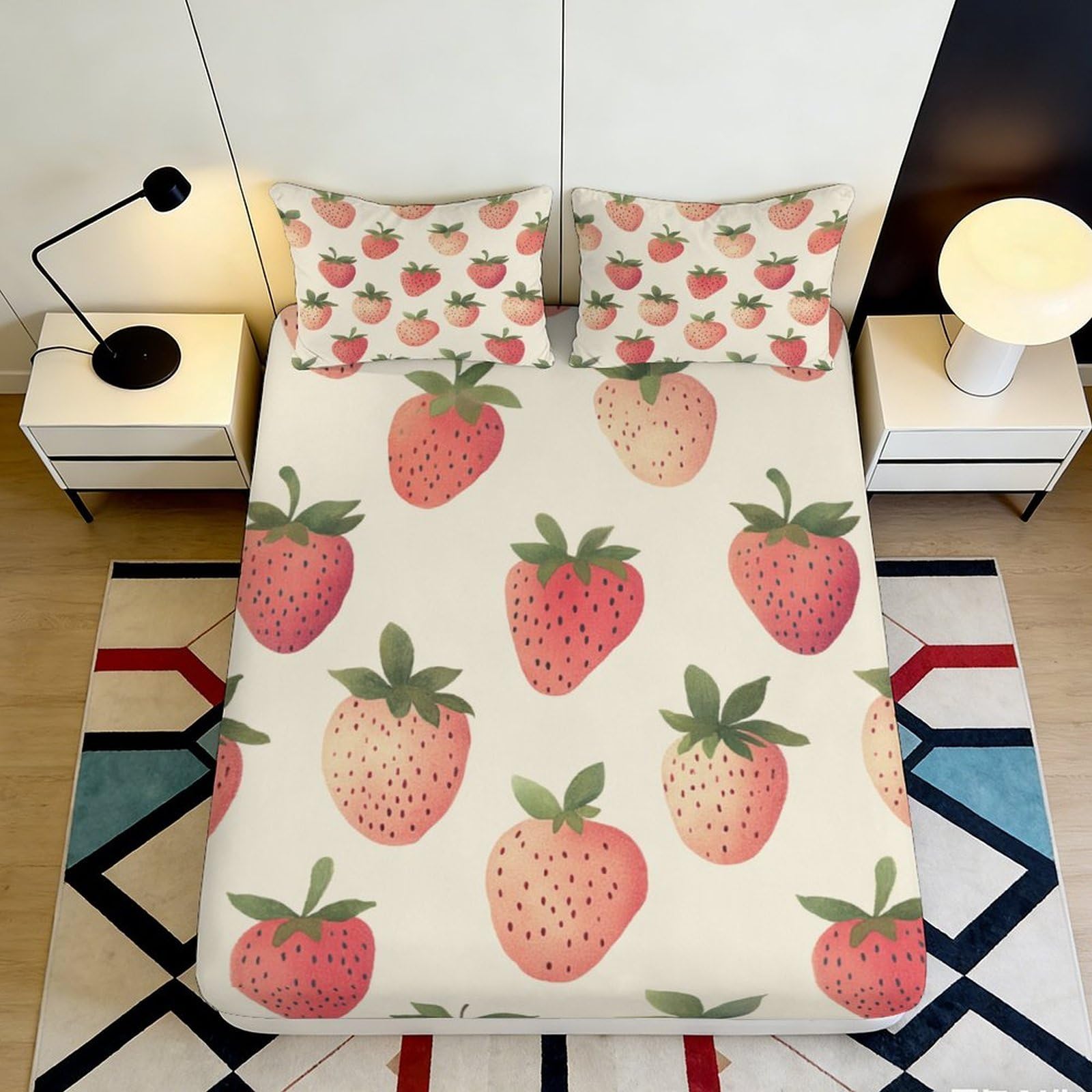 3D Printed Strawberry Pattern Fitted Sheet Microfiber Soft Breathable Fruit Bed Cover for Bedroom Guest Room Decor 90x200x25cm