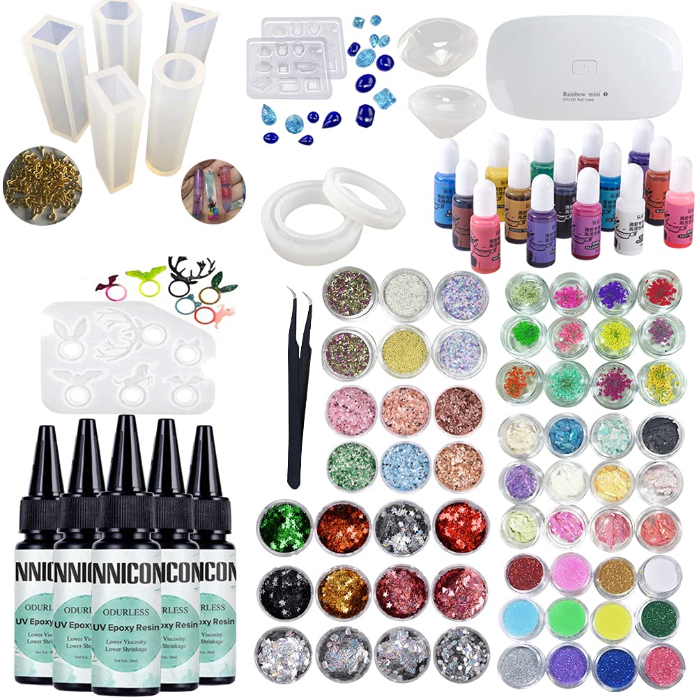 Colle UV inodore - 5 x 30 ml - Résine époxy - 12 moules en silicone - 13 pigments liquides - 48 pinces à paillettes - 100 vis - Épingles à œil pour pendentifs et bracelets - Fabrication de diamants