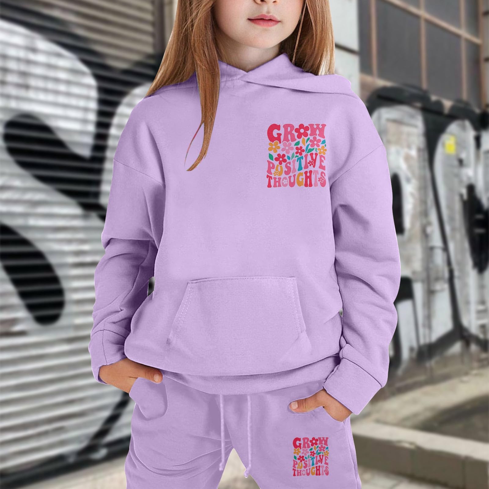 Generisch Survêtement de sport pour enfant fille - Ensemble de jogging d'hiver pour fille - Survêtement en polaire avec imprimé élégant - Sweat à capuche - Jogging chaud