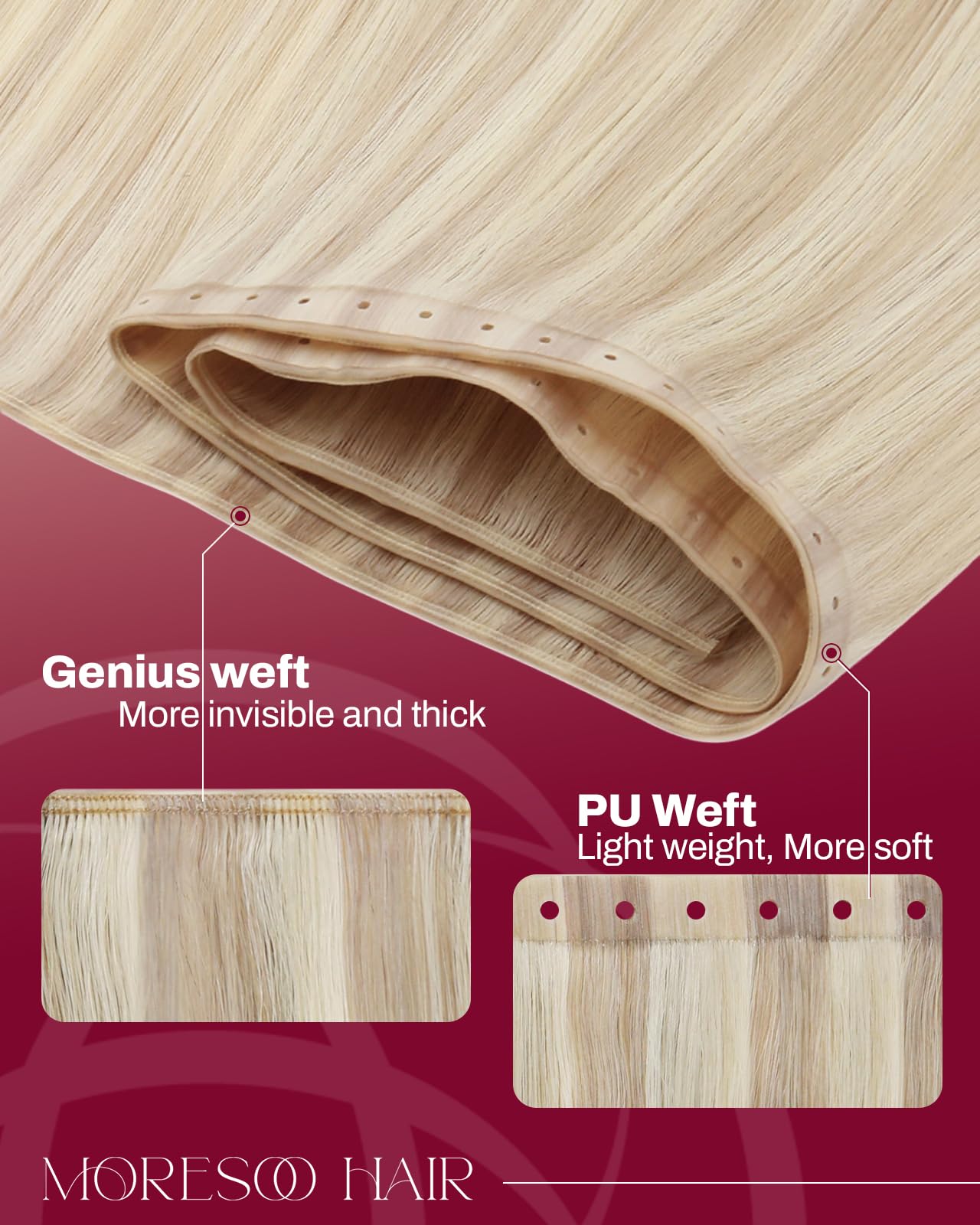 Moresoo Butterfly Weft Hair Extensions Remy Human Hair Ash Blonde Highlight Bleached Blonde 18 Inch OVO Weft Hair Extensions Human Hair Ash Blonde Highlight 100g/pack #18/613 — view 3