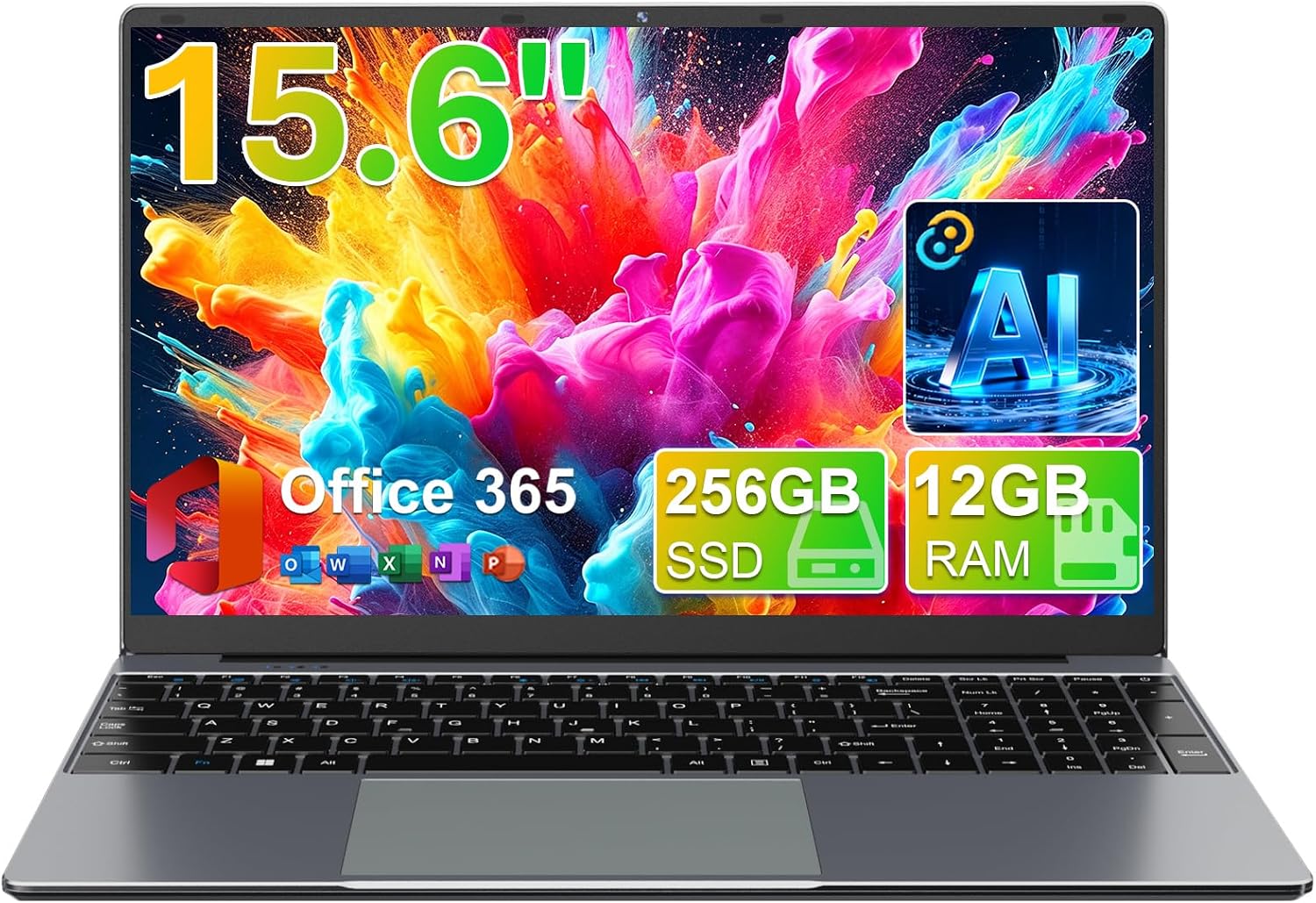 15.6" Laptop with Office 365, AI Assistant Included, 180° Viewing | J4105 Processor(Beat Celeron 5205U), 12GB RAM 256GB SSD, 53.2Wh Battery, 1920x1080 IPS, USB 3.2, WiFi 5, Bluetooth 4.2