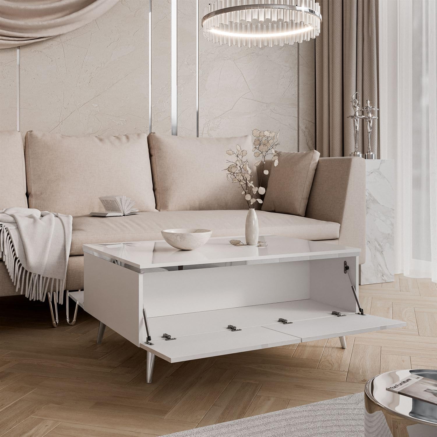 Lookway Couchtisch Aurora Silver mit Stauraum, silberner Dekorleiste und passenden Füßen – Modernes Wohnzimmermöbel (schräge Silber Chrom Beine)