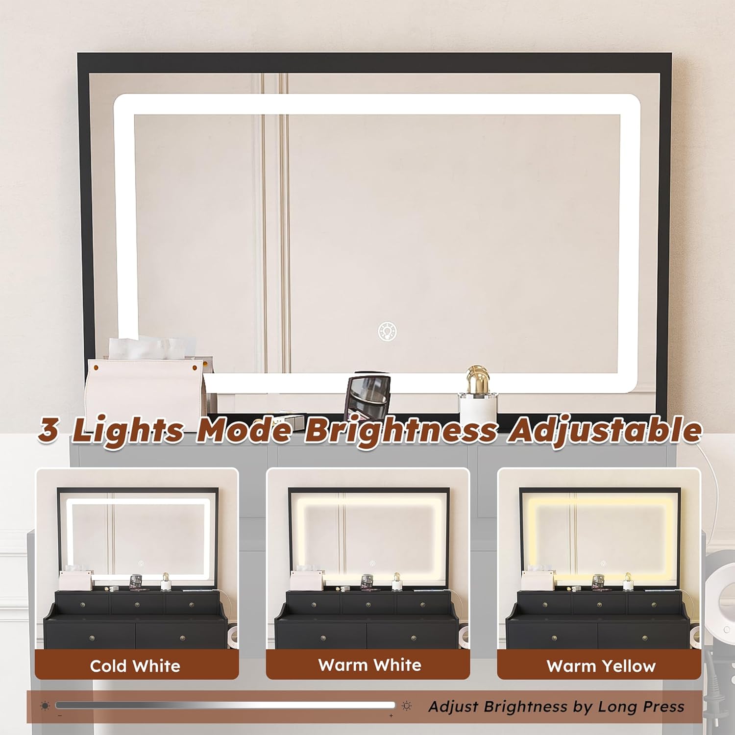 Makeup Vanity Desk with Large Mirror & Lights, Vanity Table Set with Cushioned Stool, Charging Station, Hairdryer Rack and 5 Drawers, Black Dressing Table for Bedroom