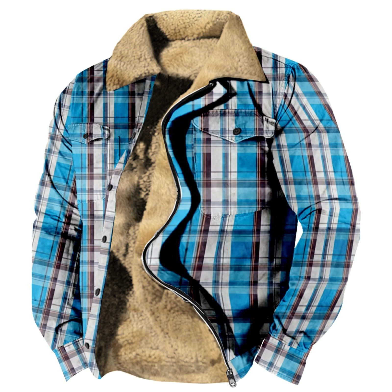 Giacca invernale da uomo foderata in pile a quadri, calda giacca a vento in stile vintage western con tasche con cerniera