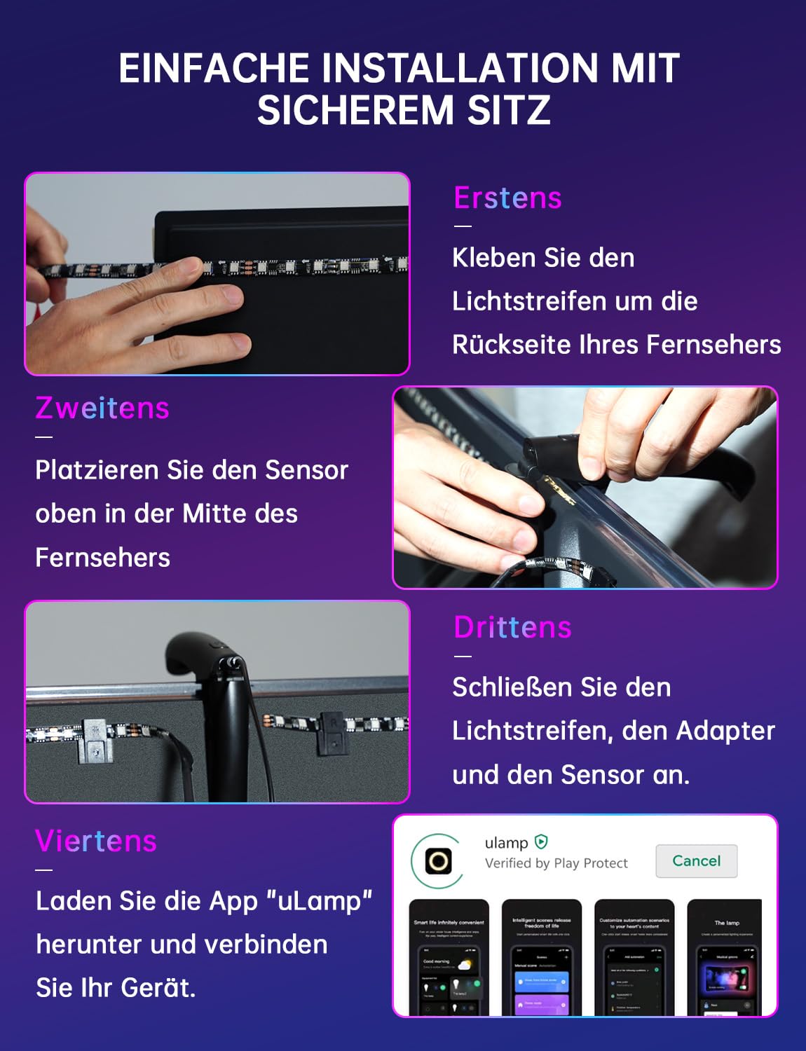 TV Hintergrundbeleuchtung, 4,5 Meter LED Streifen Sync für 55-65 Zoll TVs | TV LED Strip mit Sensor, Smart-App-Steuerung, Spiel & Musik-Sync, RGB-Farbwechsel Streifen für Heimkino