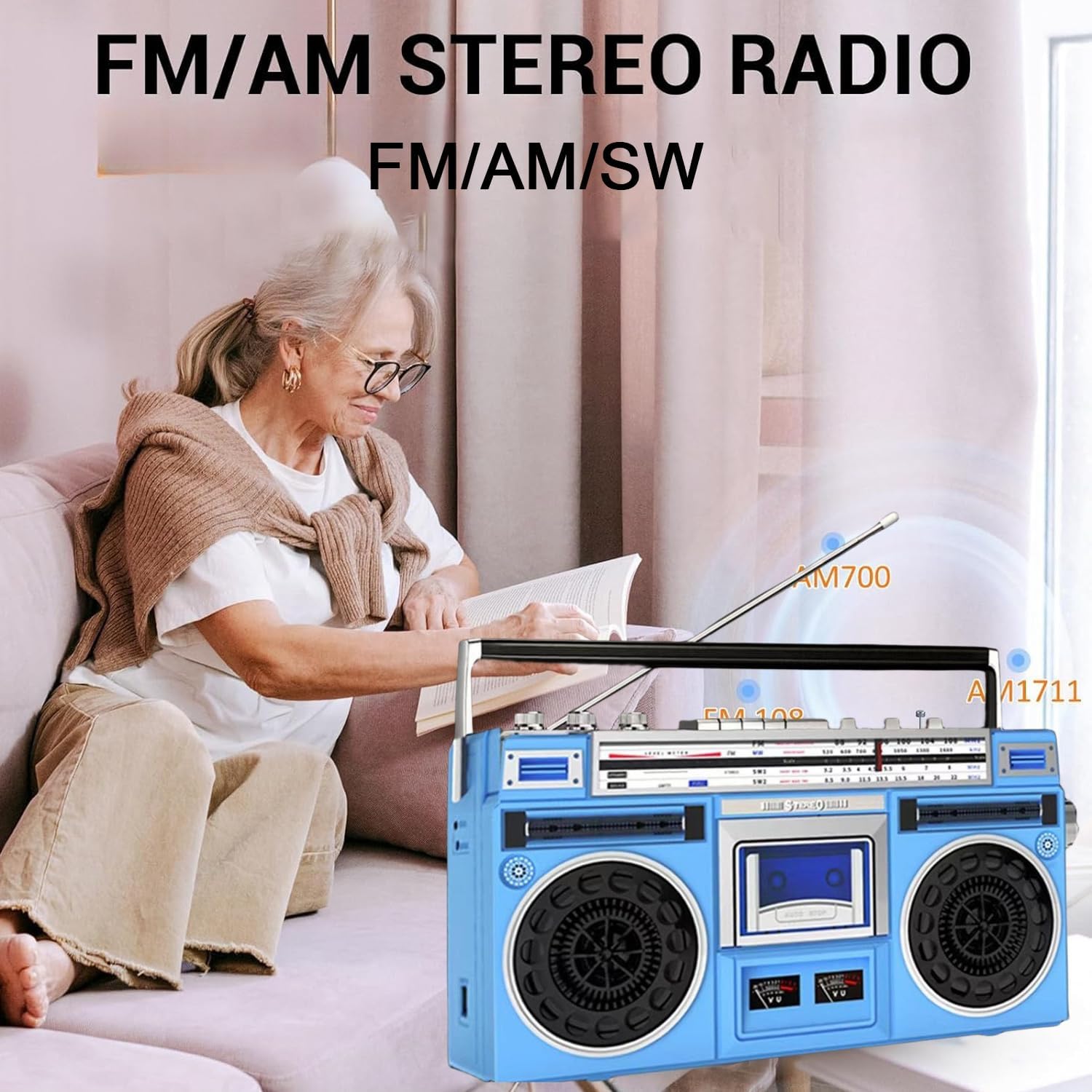 Vintage Boombox Retro System stereo z radiem AM/FM, odtwarzacz CD i rejestrator kasetowy | Wejście USB/SD, wbudowane głośniki, gniazdo słuchawkowe 3,5 mm | Styl z lat 80. do domu, rodziny i podróży