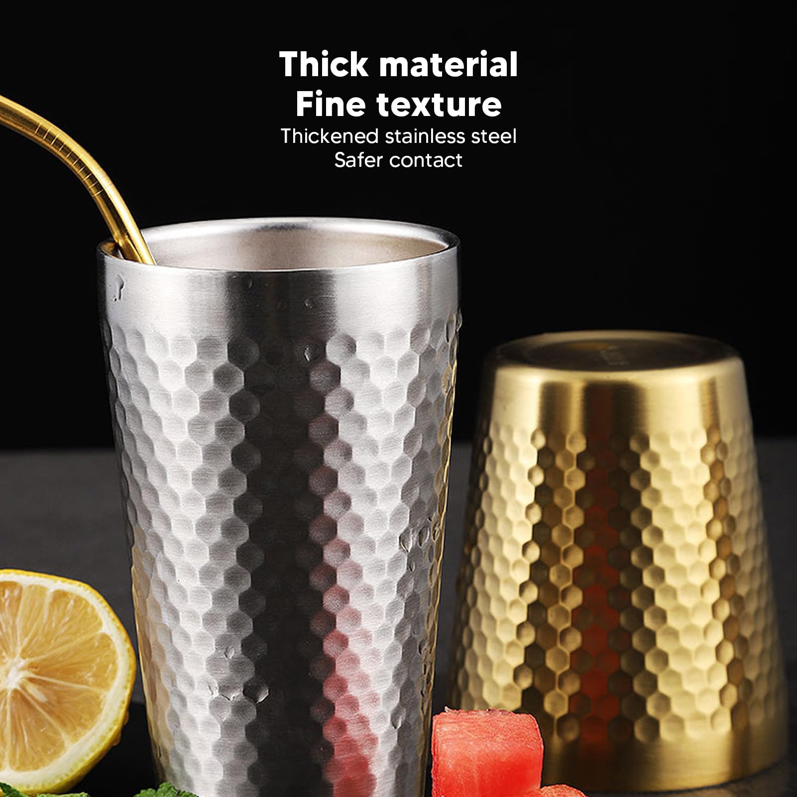 2 Tazas para Beber de Acero Inoxidable, Tazas de Metal Martillado con Doble Aislamiento de 450 Ml, Tazas de Cerveza Apilables y Enfriantes para Viajes/Al Aire Libre/Camping/Diario