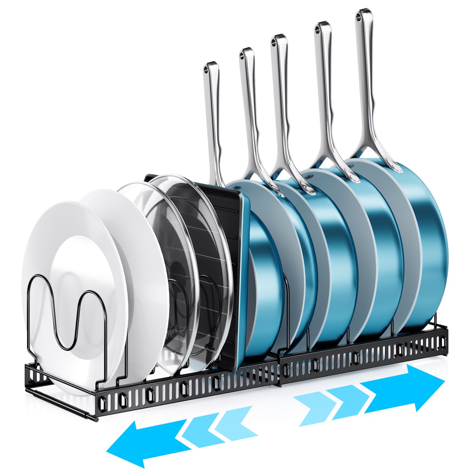 ORDORA Pots and Pans Organizer Under Cabinet, Expandable Cutting Board Pot Lid Organizer for Cabinet Holder with 10 Adjustable Dividers for Kitchen Storage