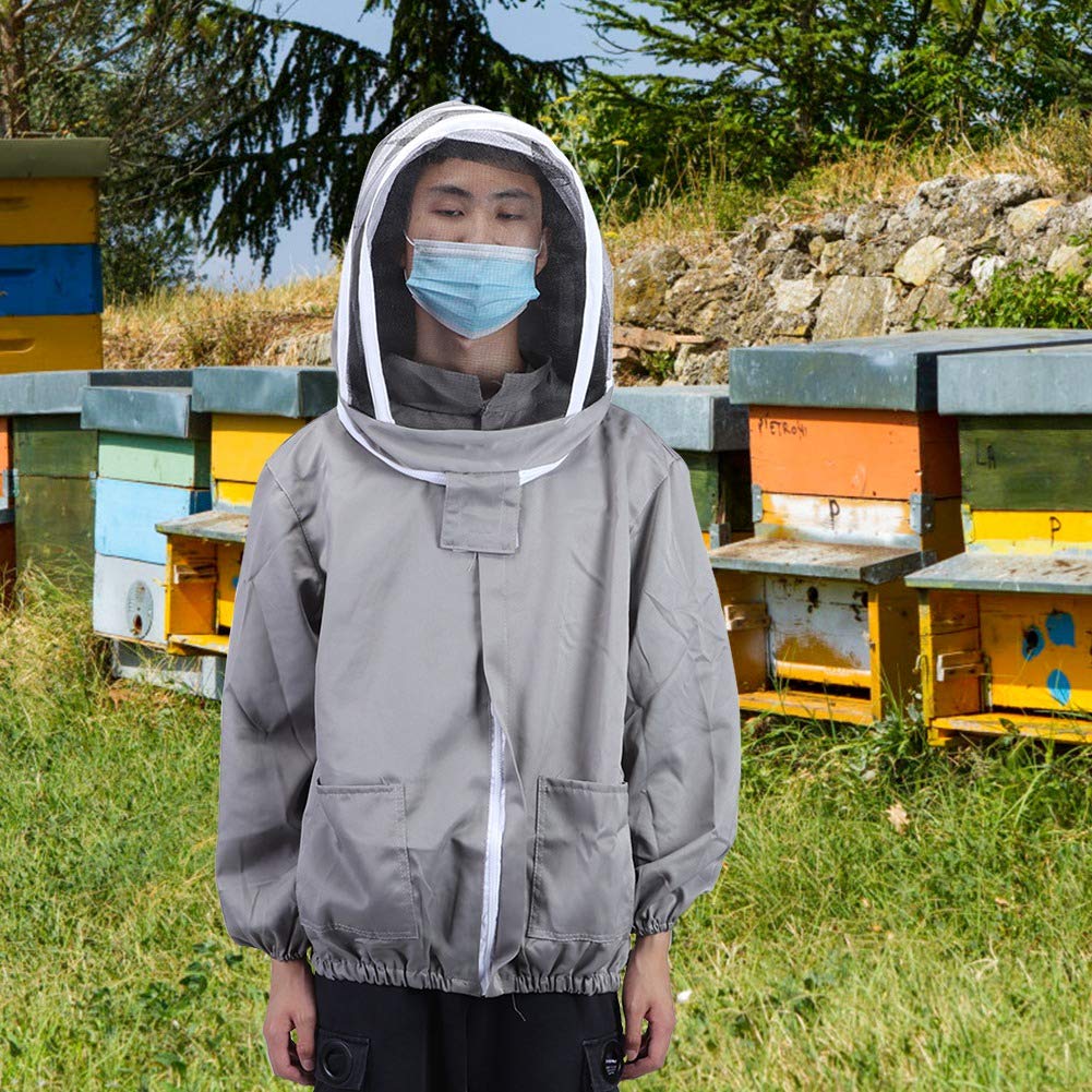 SIXRUN Giacca da Apicoltore Tuta da Ape in Cotone Poliestere con Doppie Cerniere Velo Pieghevole Grembiule Copertura Viso Vestibilità Traspirante per Apicoltori Ispezione dell'alveare e Lavoro in