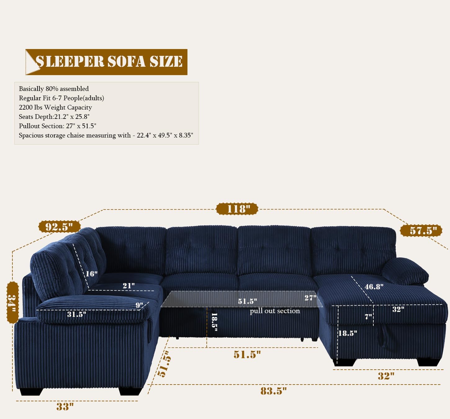 asunflower Corduroy Couch with Pull Out Bed 118" U Shaped Sleeper Sofa with Storage Chaise Navy Blue Plush Modular Sectional Sofa for Living Room Apartment 6-7 Seater Oversized Sofa Bed