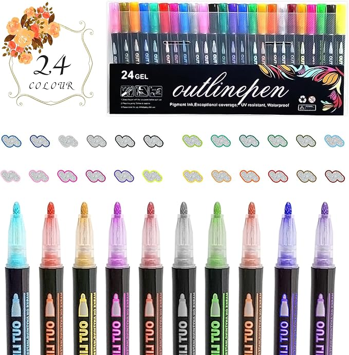 Outline Pens Metallic Markers, Double Line Outline Pens 24 Colours