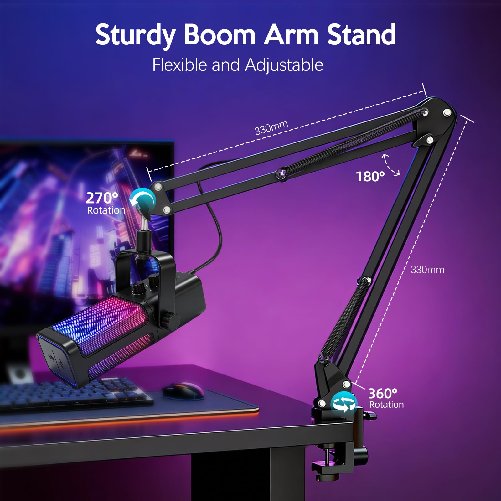 VCOM Microfono da gioco USB RGB con braccio a braccio, riduzione del rumore e muto one-touch, jack per cuffie da 3,5 mm, controllo del guadagno, microfono plug & play per PC, streaming, podcast