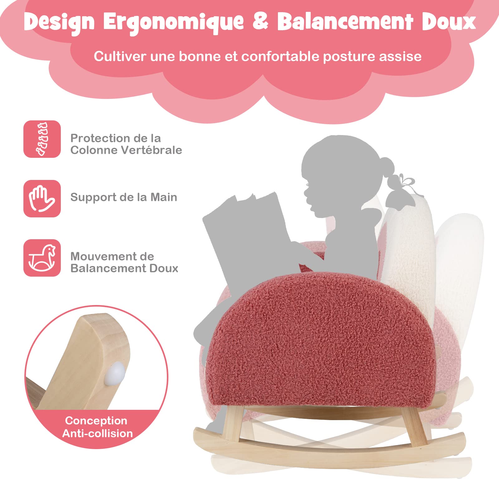 DREAMADE Fauteuil à Bascule Rembourré Enfant 3-5 Ans, Canapé d'Appoint en Velours Teddy avec Dossier Élargi, Pieds en Bois Massif, Anti-basculement, pour Salle de Jeux, Chambre, Salon (Rouge)