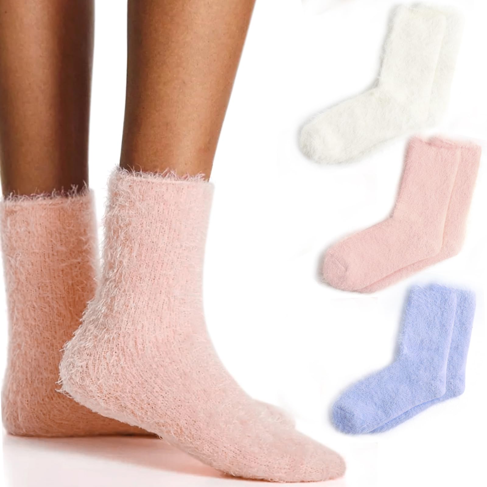 ForBaysy 3PAIRS Plush Fuzzy Crew Socks For Women Solid Warm Winter Novelty Fluffy Socks For Women