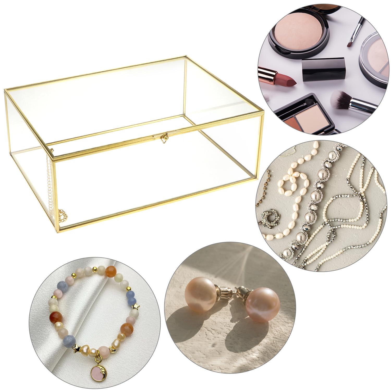 QWORK Goldene Schmuckbox – Vintage Design Mit Deckel, 15x10x5 Cm, Aus Hartglas & Metall