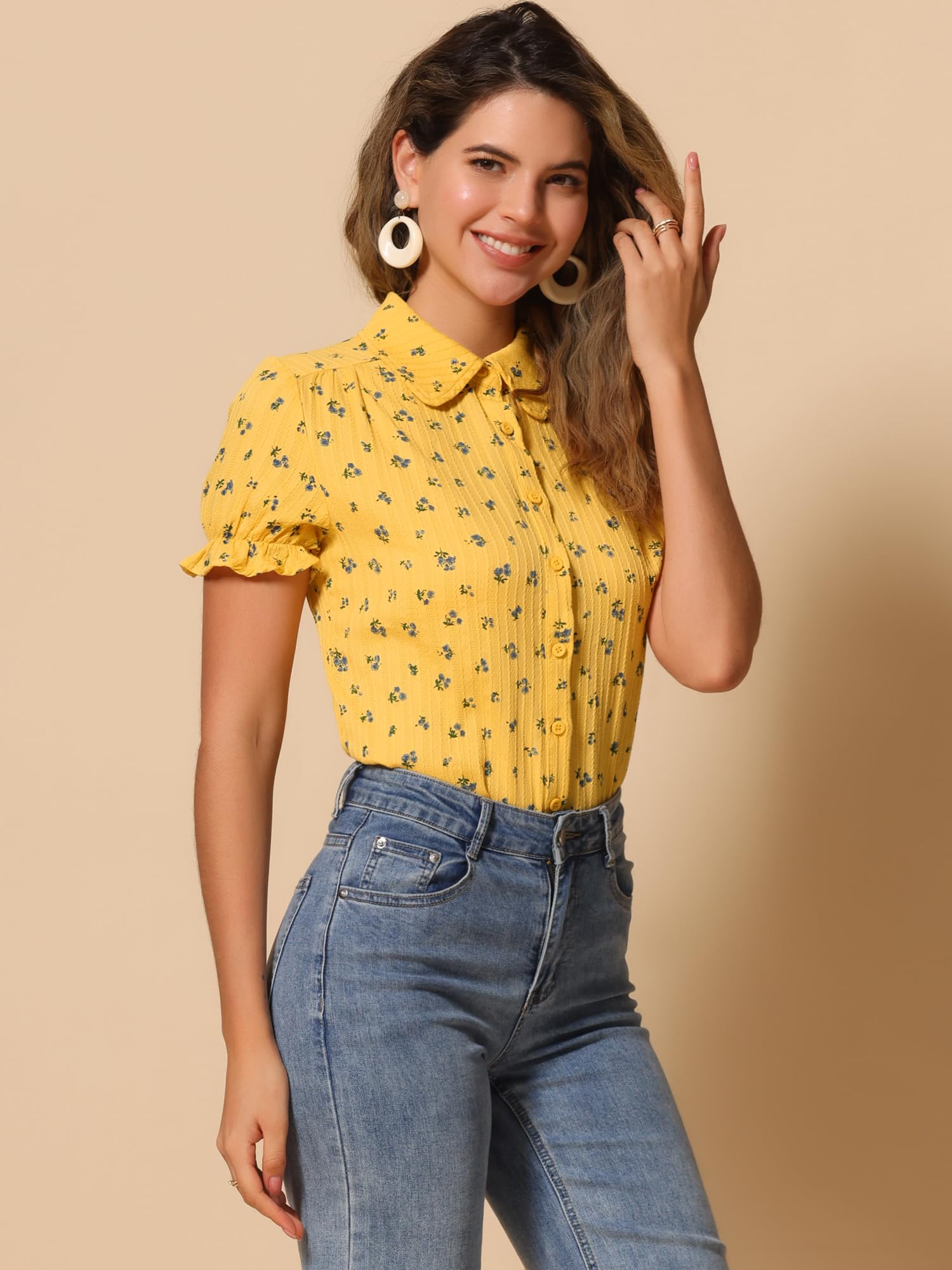 Allegra K Chemise à col Rabattu en Coton à Volants pour Femmes