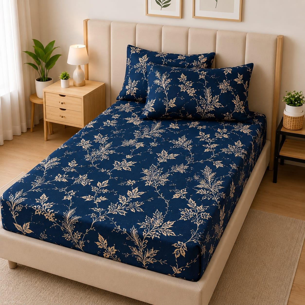 Cotton Single Bed Fitted Bedsheet, Navy Blue Botanical Printed | Elastic Bedsheet with 2 Pillow Covers Soft Breathable Wrinkle Resistant All Season Bedding Set-picture-12