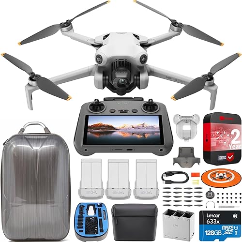 DJI Mini 4 Pro Folding Drone with RC 2 Remote (w/Screen) Fly More Combo, 4K HDR Video Camera for Adults, Under 249g, Omnidirectional Sensing, 3 Battery Bundle with Deco Gear Hard Case & Accessories