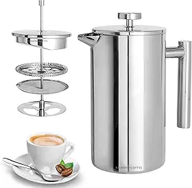 Cafeteira de Prensa Francesa com Parede Dupla em Aço Inoxidável 304, para Retenção Superior de Calor, 800 ml, Filtragem Perfeita, Prata, KLEMING COFFEE