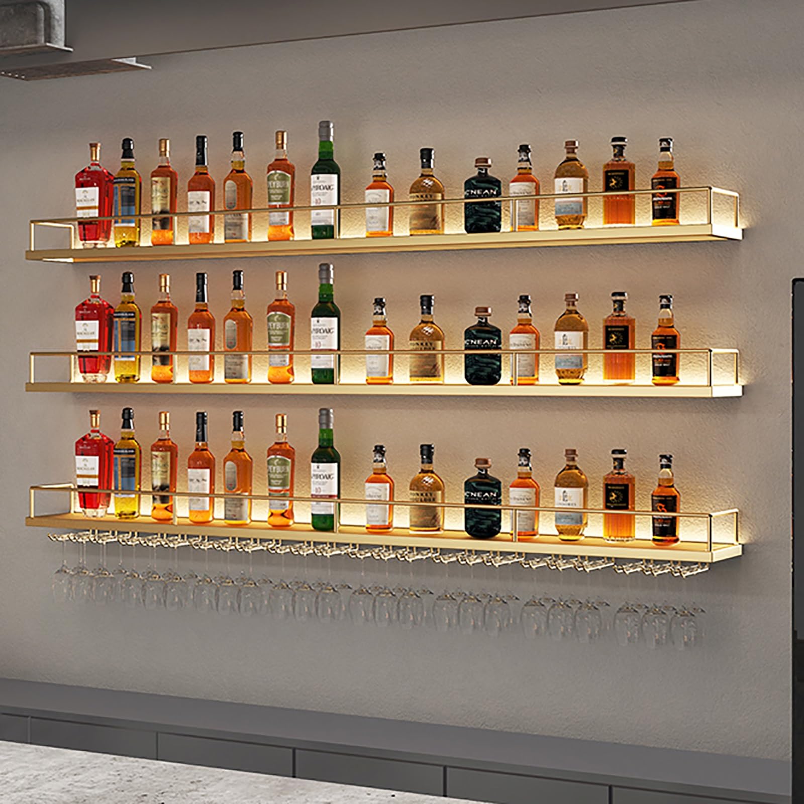 Amazon｜LED バー用酒瓶ディスプレイ棚 ワイングラスホルダー付き装飾