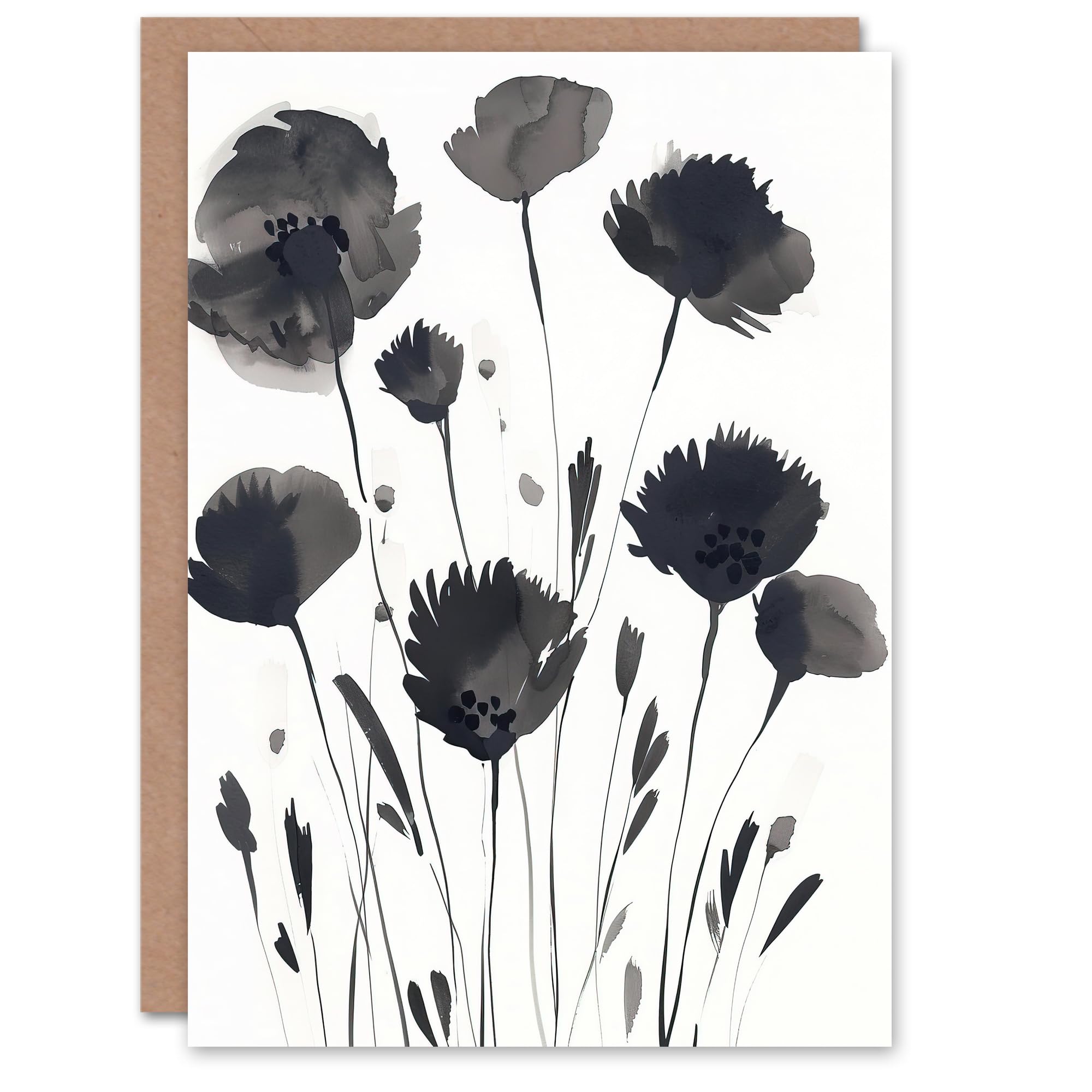 Artery8 Greeting Card Abstract Flowers Black White Floral Watercolour Blank For Him Or Her Art Sympathy Card