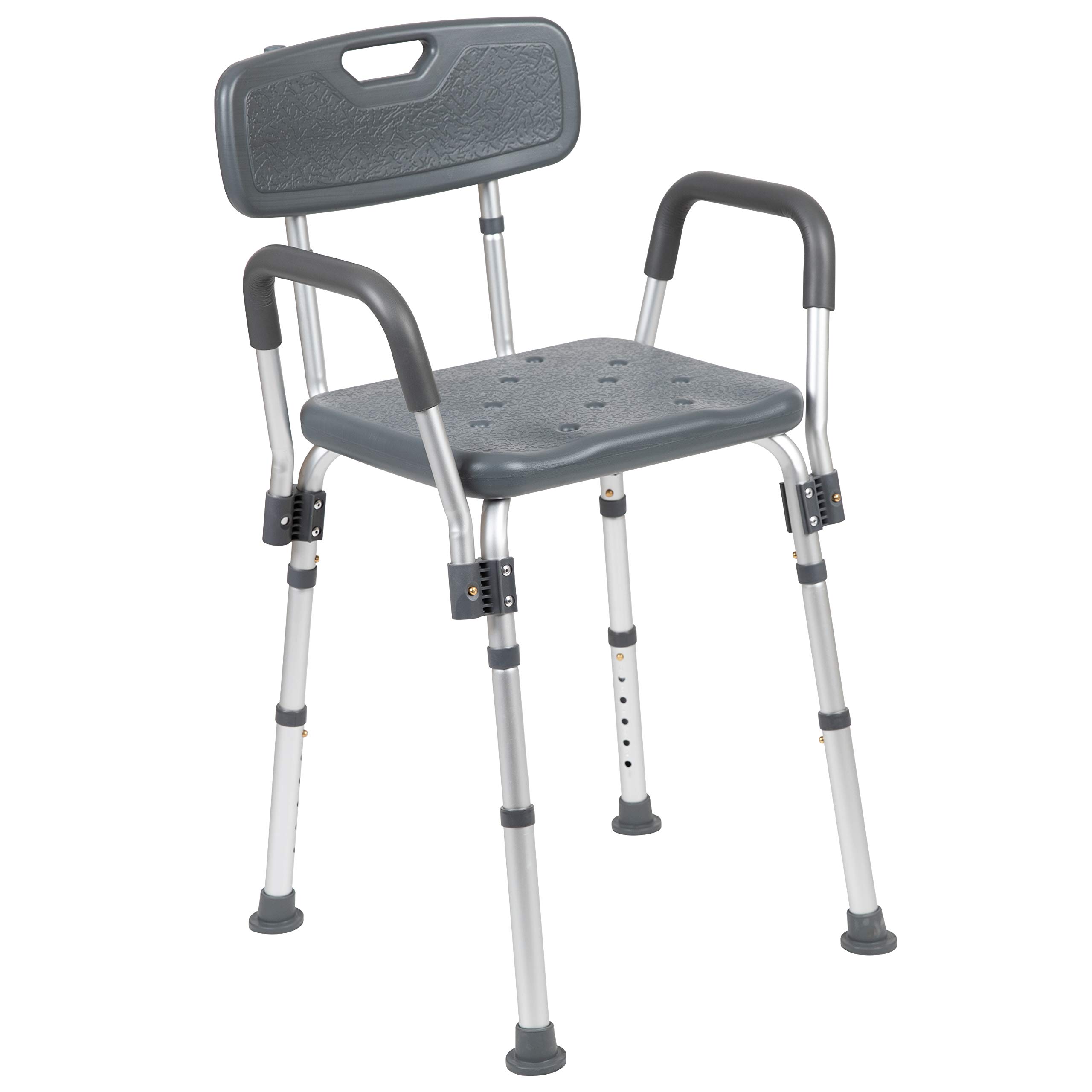 Flash Furniture Hercules Series - Silla de baño y Ducha de 300 Libras de Capacidad Ajustable Gris con Respaldo y Brazos de liberación rápida