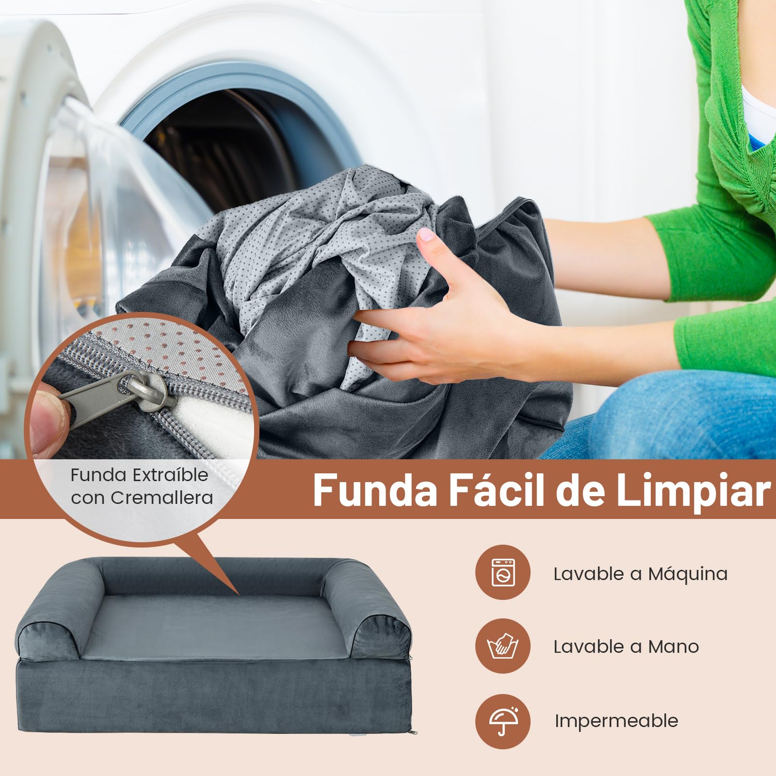 COSTWAY Cama Perro Grande, 100x81x30,5 cm, Cama Ortopédica para Perros con Espuma Viscoelástica y Reposacabezas, Base Antideslizante, Desenfundable y Lavable, Sofá Perro Desmontable, Mascotas, Gris