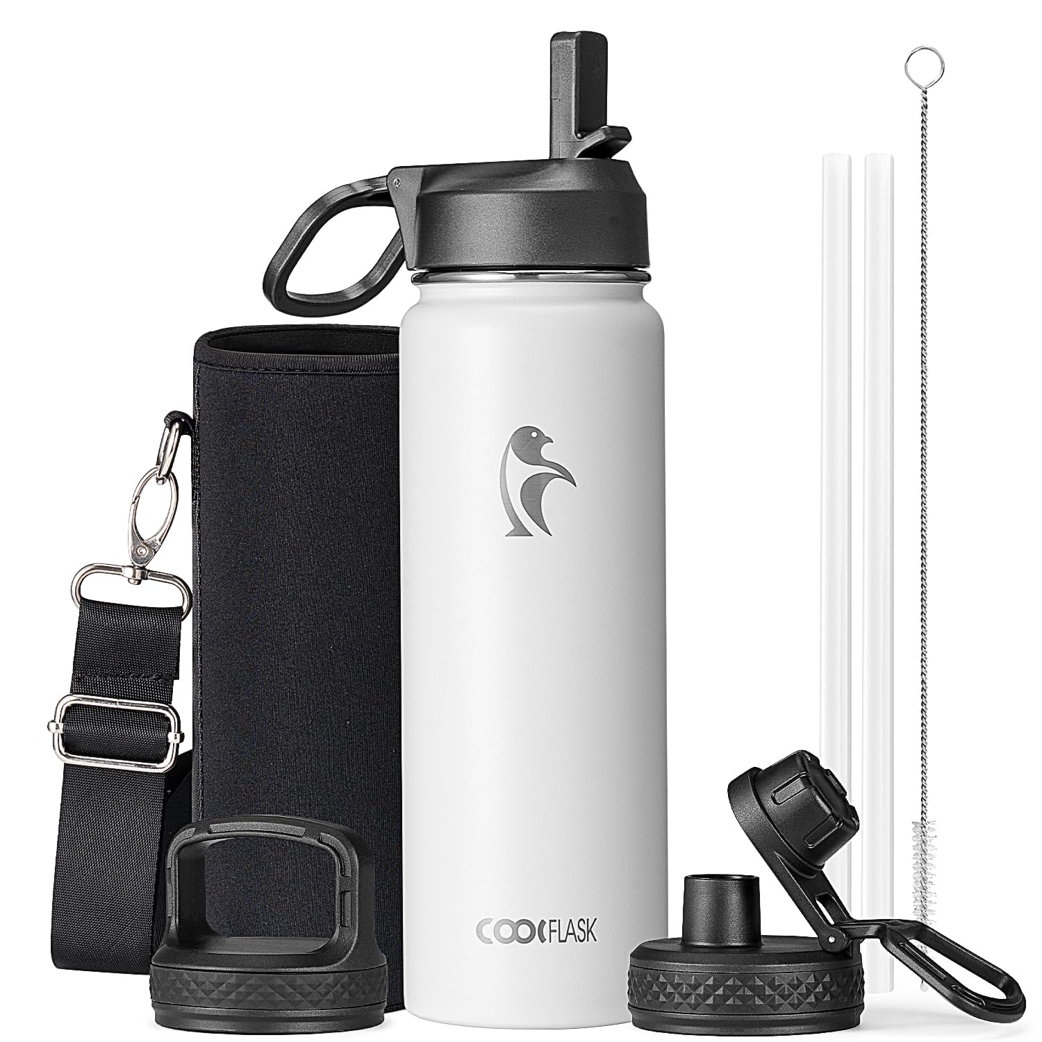 Coolflask Water Bottle 710ml Insulated with Straw, Stainless Steel Metal 3 Lids Water Flask Wide Mouth for Sports or Office, Non-BPA Keep Cold Up to 48 Hrs or Hot Up to 24 Hrs, White โ image 1