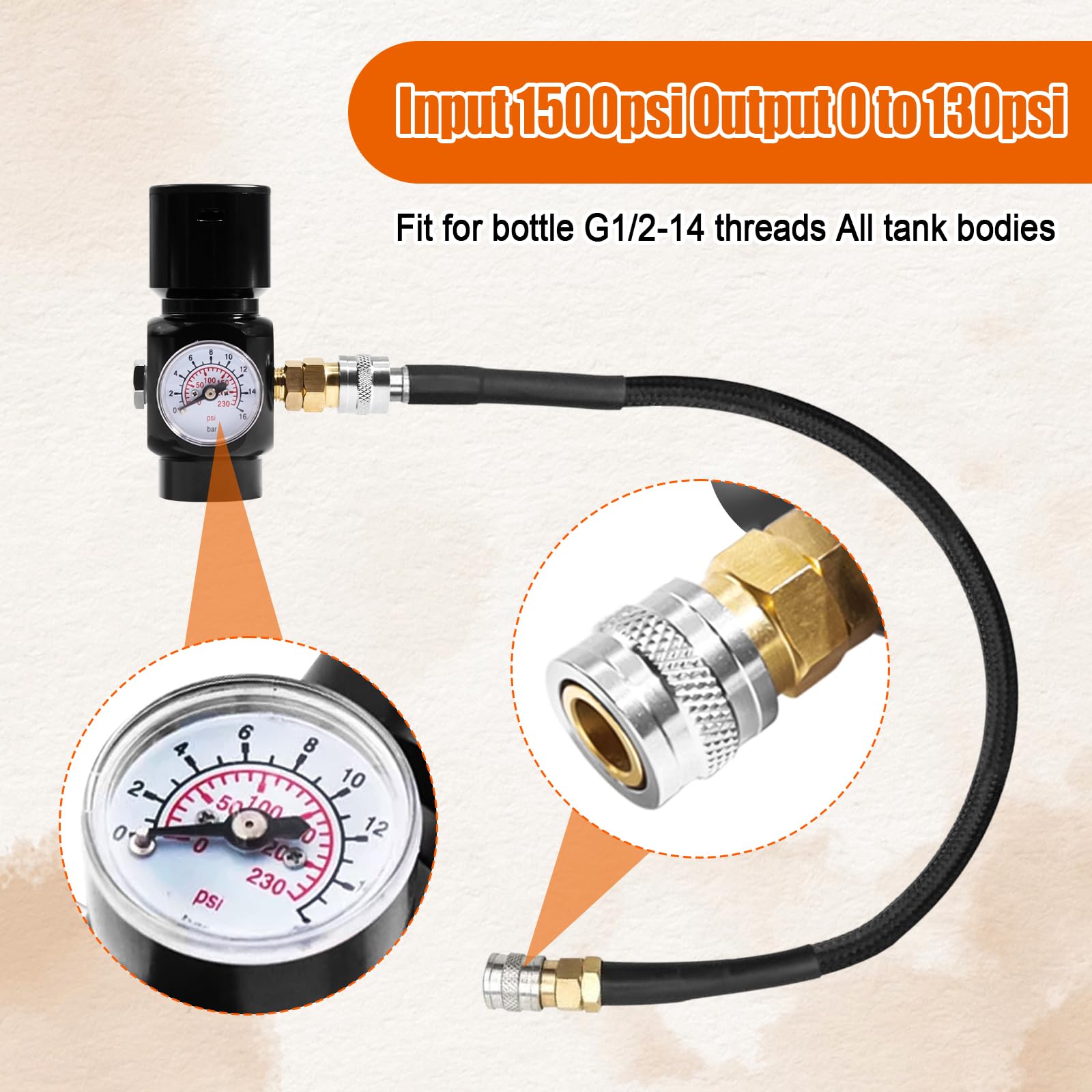 HSOKEW HPA Regulator, Paint Ball CO2 Regulator, Black, Copper + Aluminum, Globe Valve, Paintball Regulator, Regulator