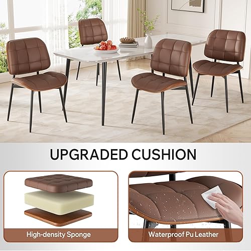 Miniatura 7 de Juego de 2 sillas de comedor, modernas de mediados de siglo, sillas de cocina tapizadas de piel sintética con cojín grueso y respaldo de madera