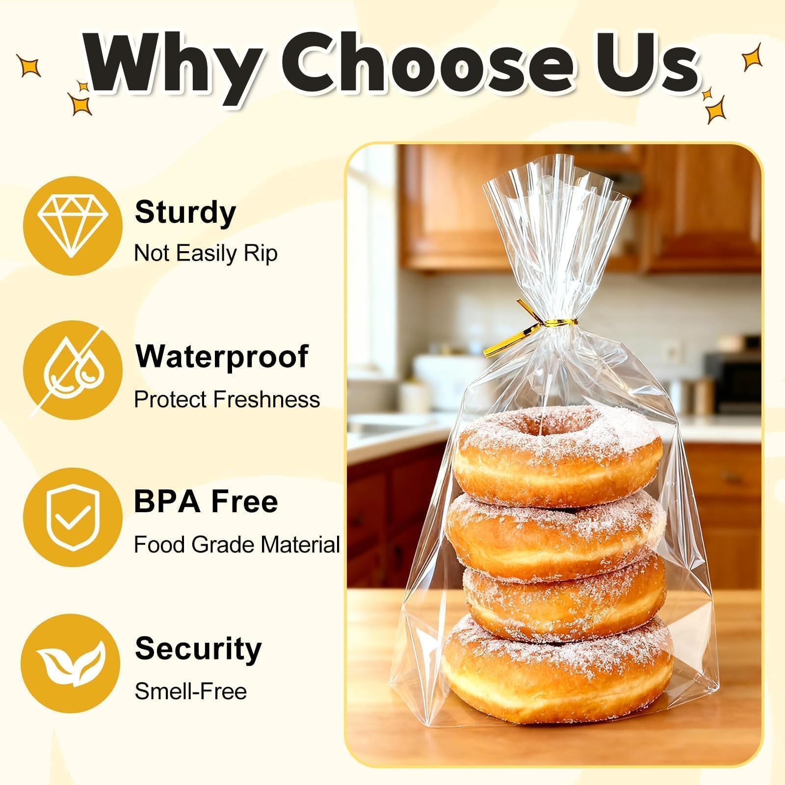 PigPotParty Cellophane Bags 8x11 Inch, 50 Pack Clear Plastic Gift Bags with Bottom Gusset for Stand-Up Display, Medium Cello Gift Wrap for Goodies, Treats, Party Favors, Mugs, Includes 50 Gold Ties