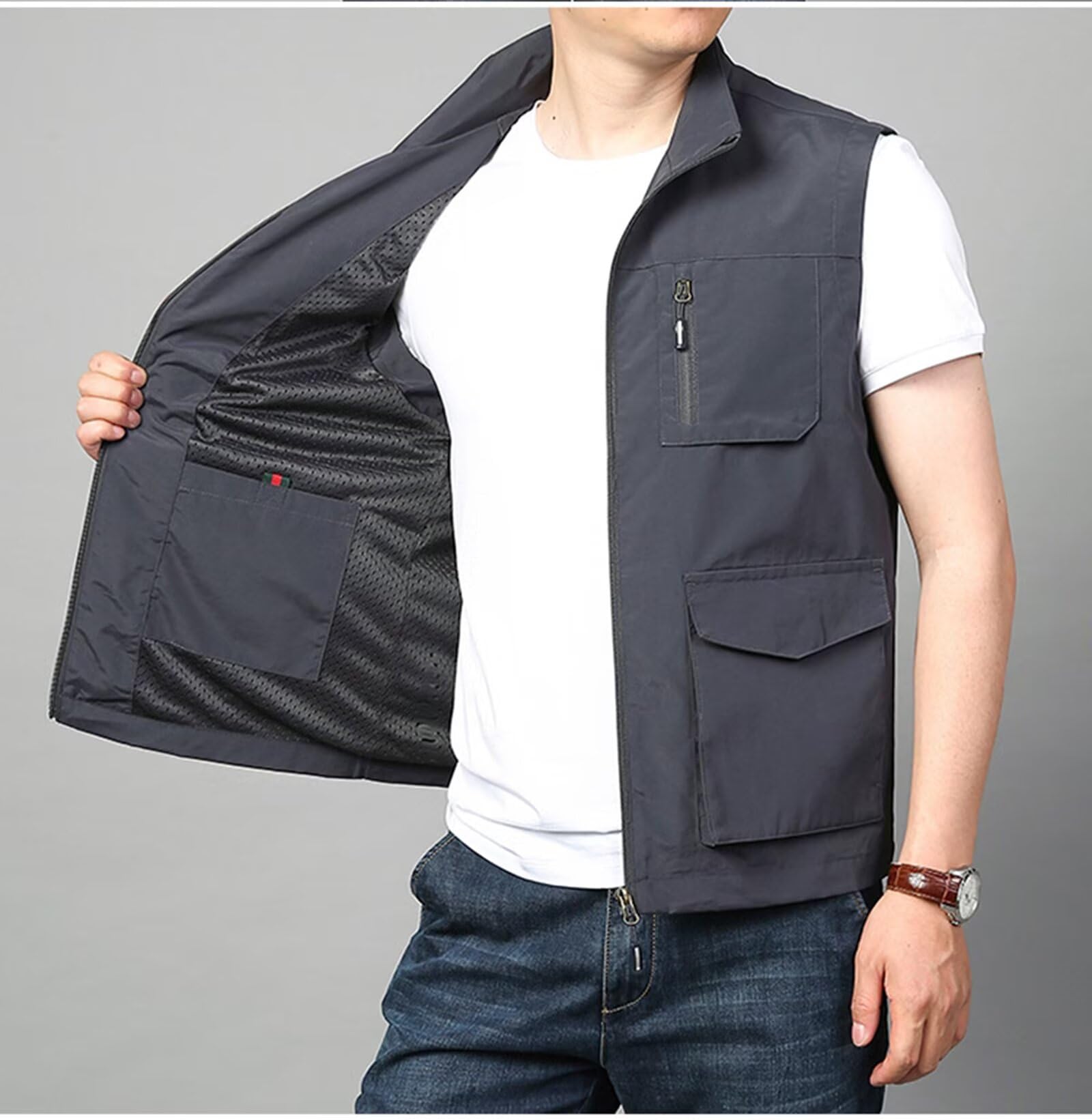 Rivccku Hombres Chaleco de Pesca con Multibolsillos Aire Libre Casual Transpirable Chaleco Cámping Caza Fotografía Chaleco Chaqueta Sin Mangas de Multifunción