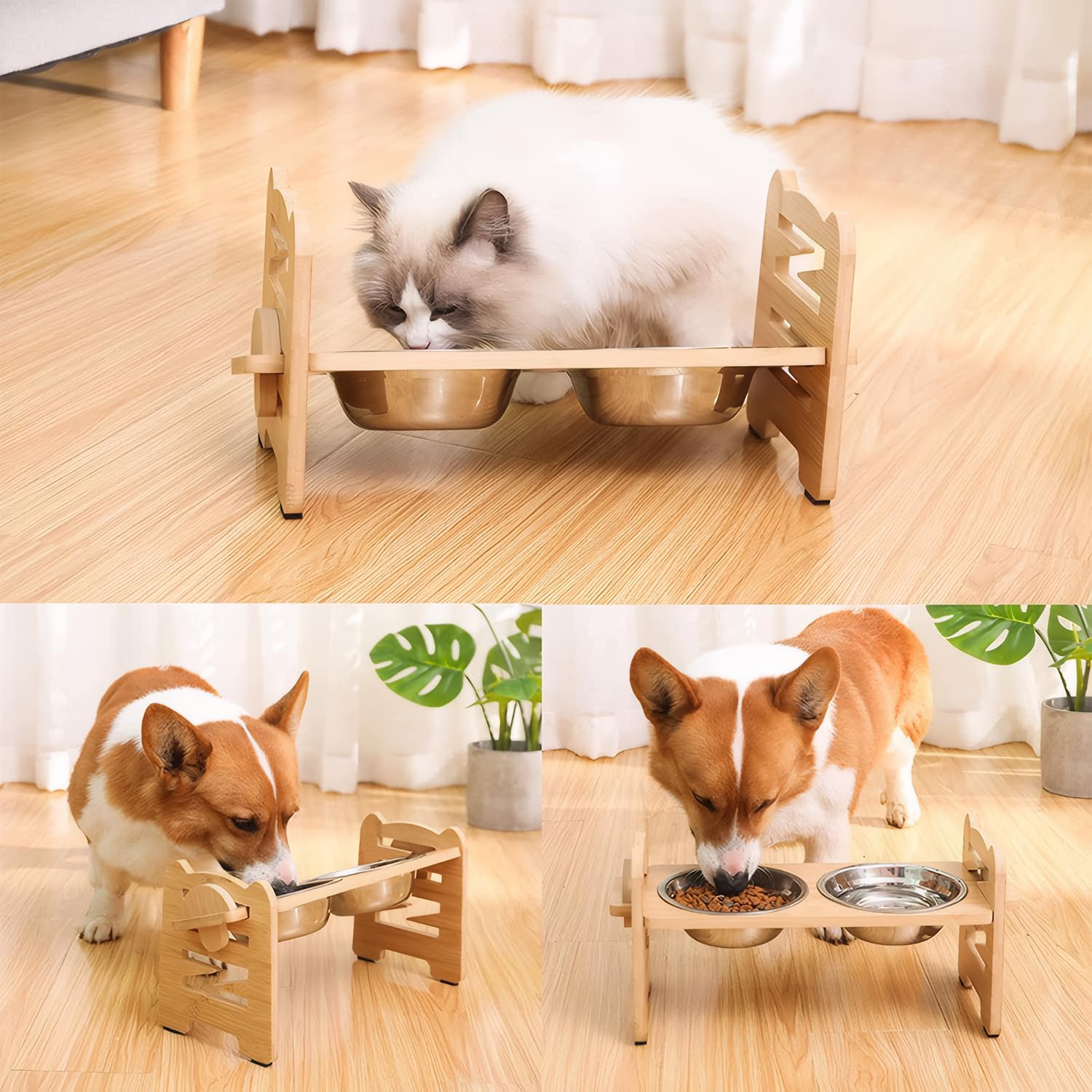 Dog Bowl,6 Level Adjustable Raised Dog Bowl with 2 Stainless Steel Bowls,Elevated Bamboo Bowls with Stand,Dogs & Cat Feeding Station with Anti Slip Feet for Small,Medium & Large Dogs or Cat - Image 2
