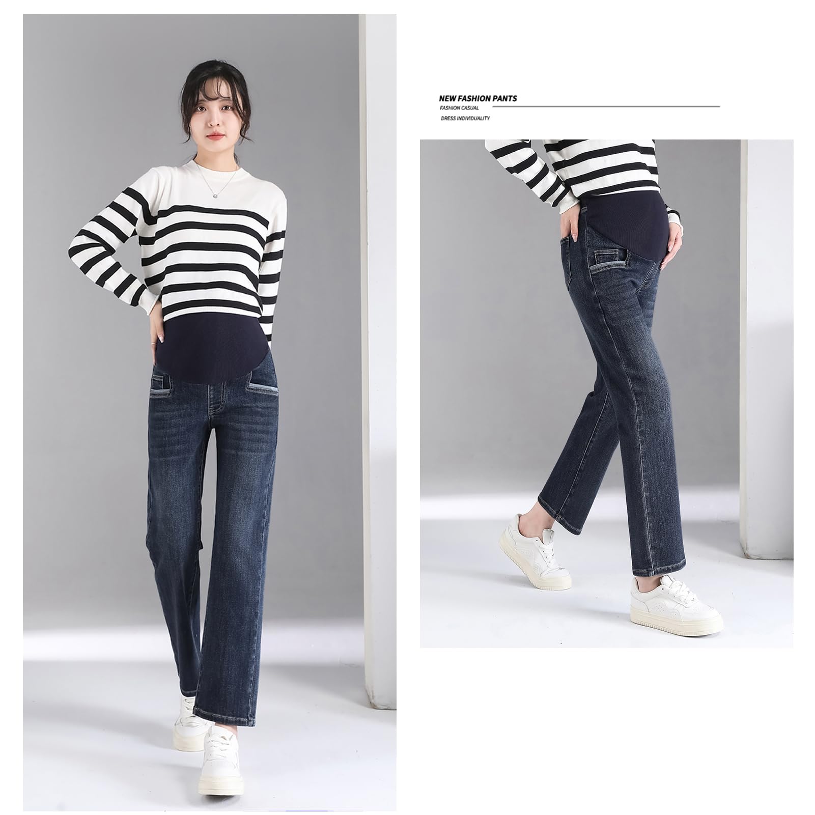 Jean de maternité à jambe droite avec ceinture réglable - Pantalon 3/4 stylisé et pratique, idéal pour les femmes de petite taille (taille courte)